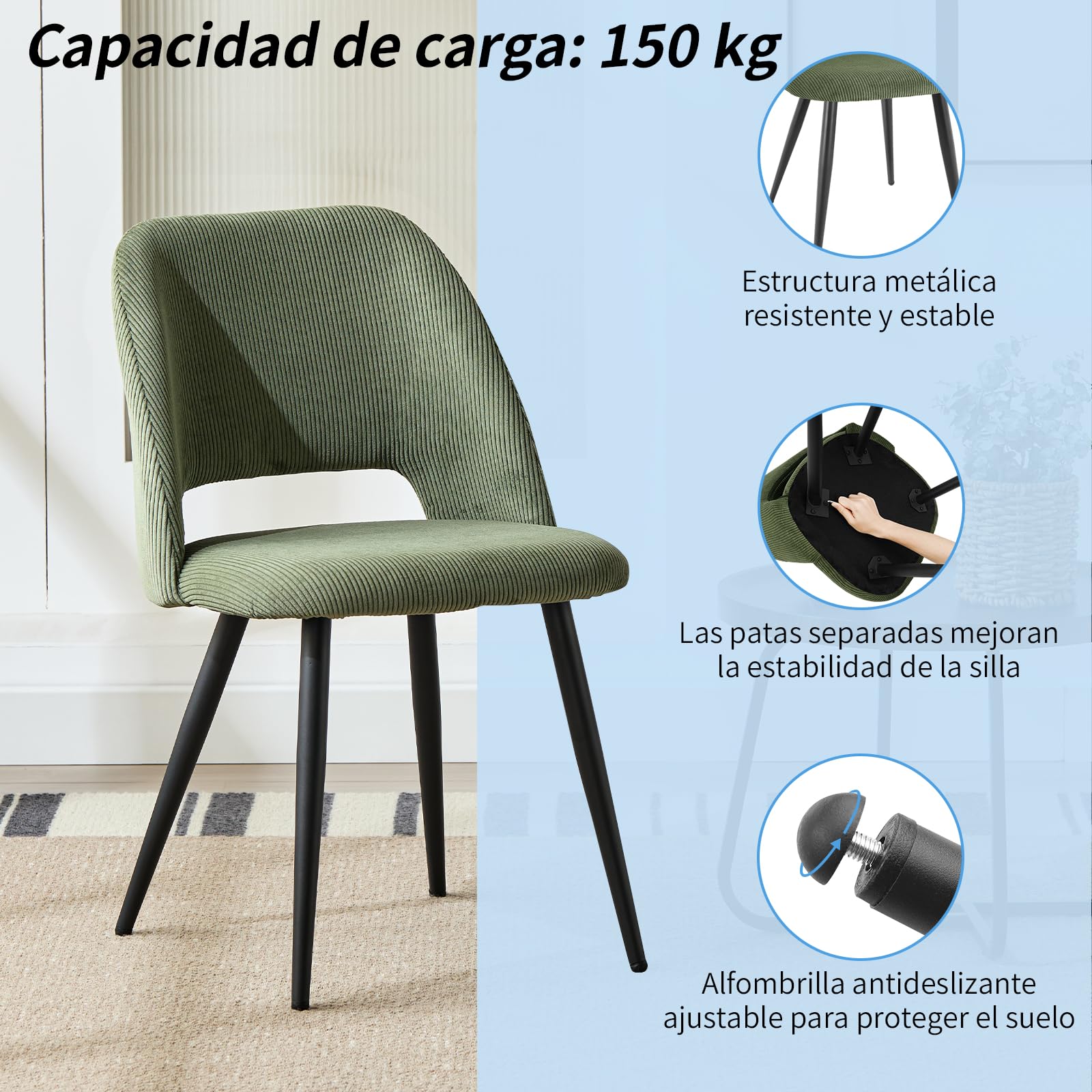 JIJIAN Pack de 6 Sillas de Comedor, Silla de Cocina, Silla de Salón, Sillas de Terciopelo a Rayas con Respaldos Recortados, Tapizadas para Comedor, Cocina, Dormitorio, Recepción, Verde