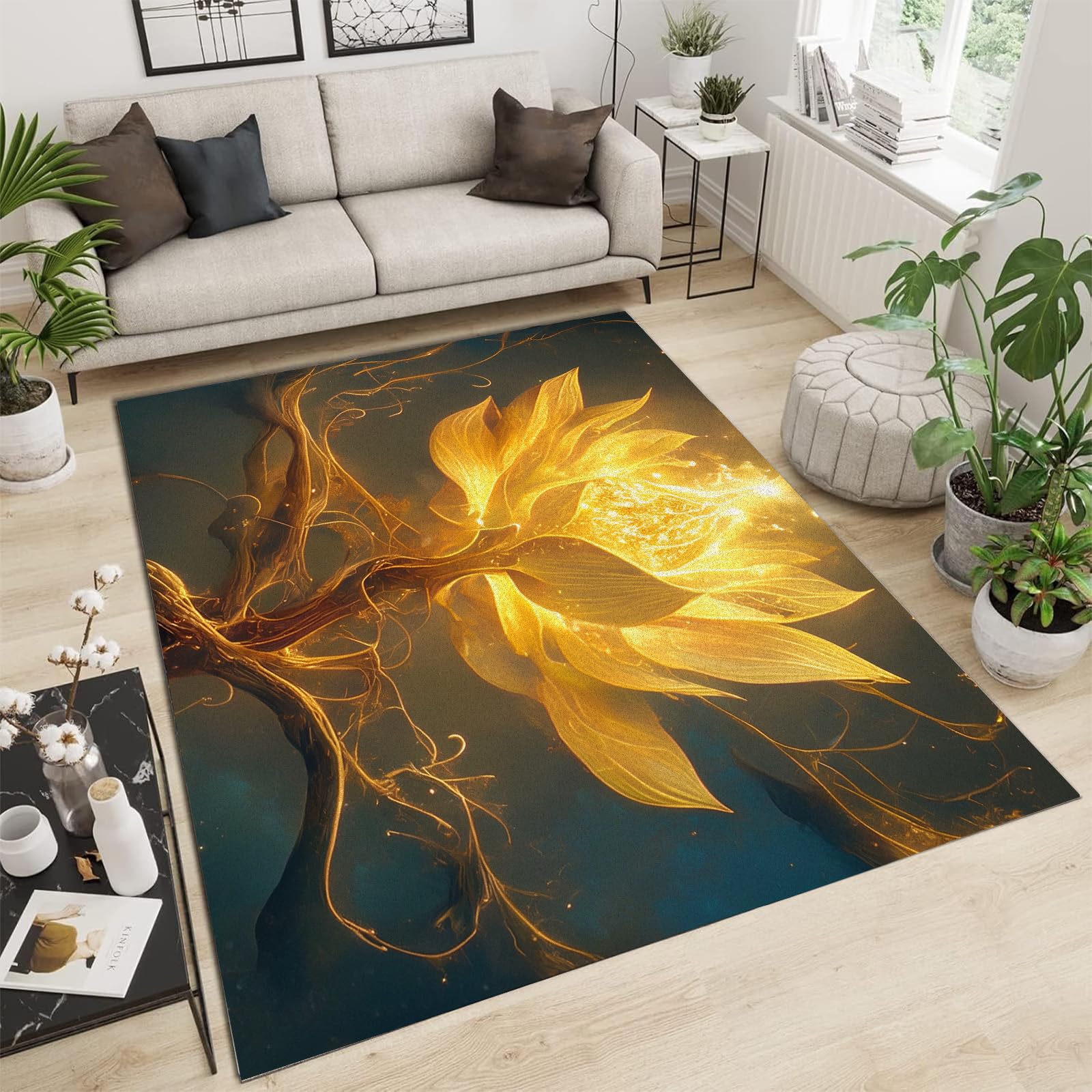 Tapis fleurs jaunes grand tapis de salon moderne abstrait doux 150x210
