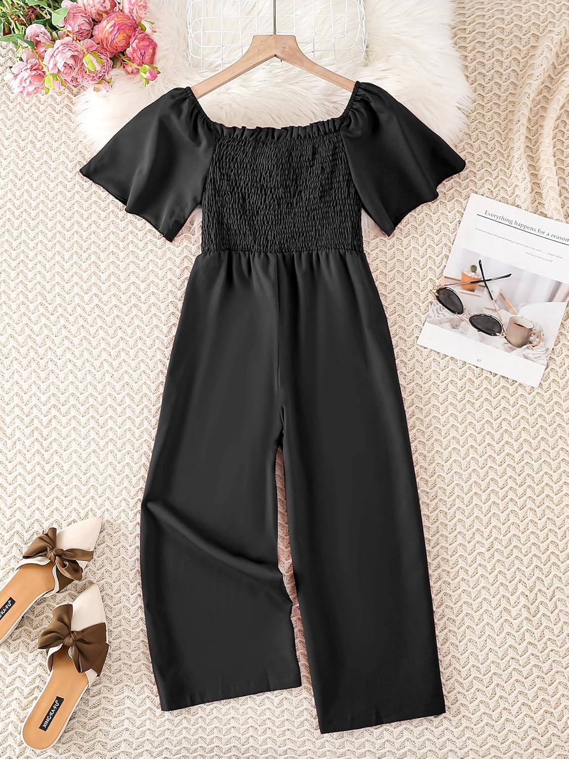 WDIRARA Girl's Off Shoulder Shirred Frill Trim Short Sleeve Wide Leg Solid Jumpsuits - Image 2