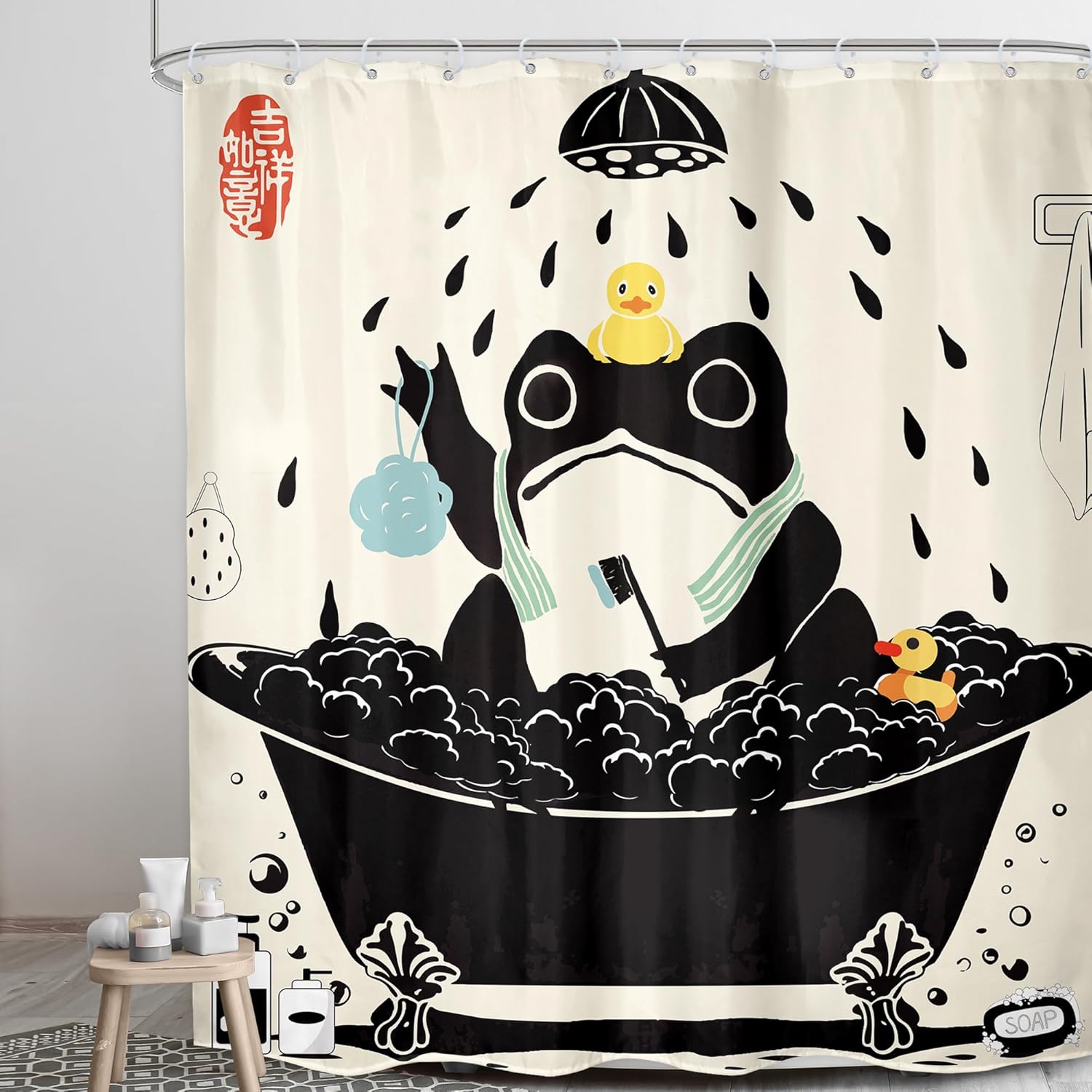 LGhtyro Funny Frog Shower Curtain Bathroom Set 71Wx78H Inches Beige Asian Style Traditional Japanese Art Cute Animal Taking Shower in Bathtub Bath Accessories Duck Art Home Decor Fabric 12 Pack Hooks