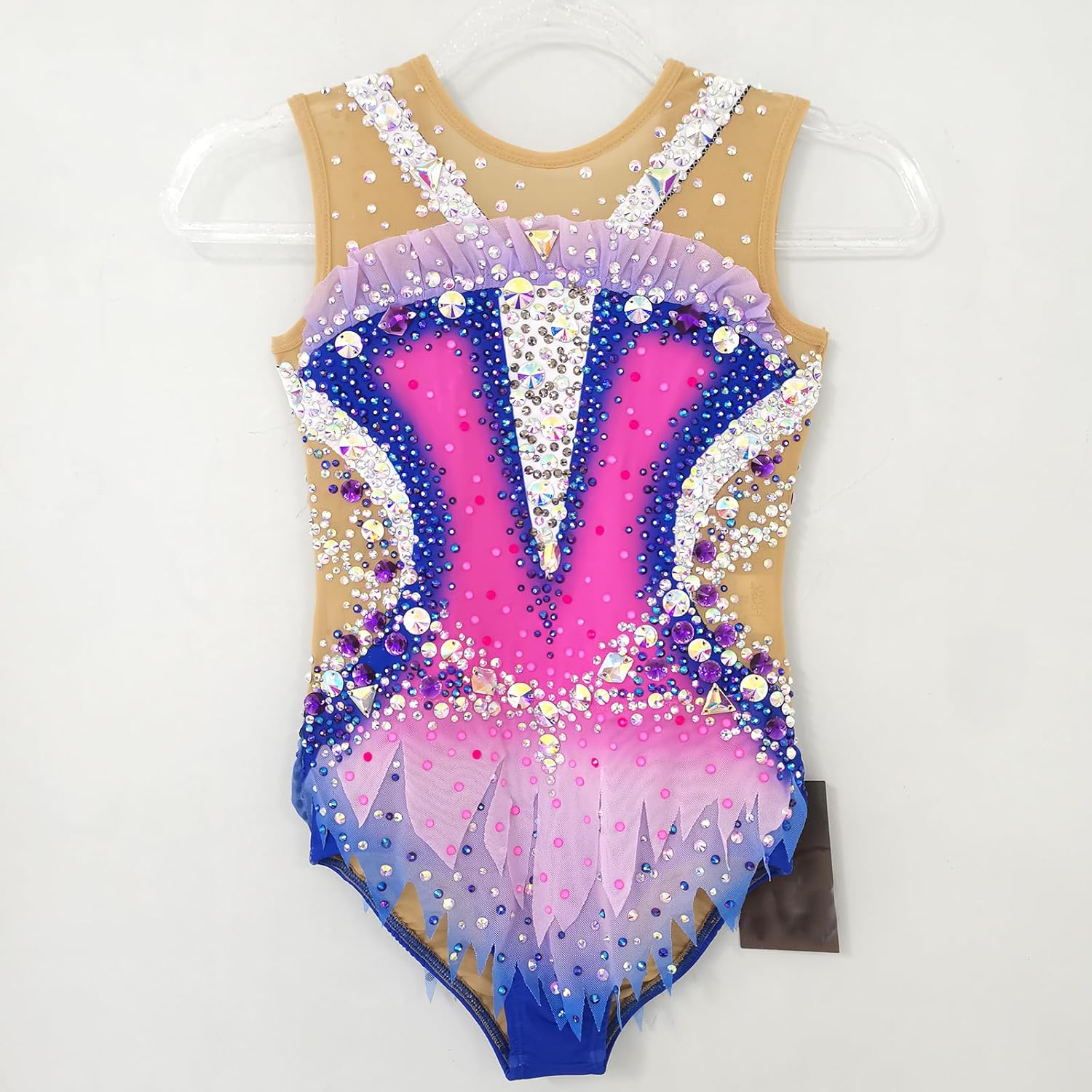 Girl's Blue Pink Sleeveless Rhythmic Gymnastics Uniform Professional Competition Artistic Gymnastics Outfit