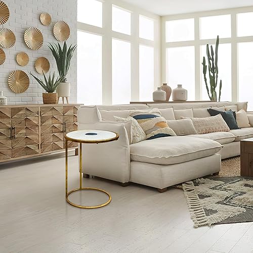 Miniatura 9 de The Urban Port Mesa auxiliar redonda de 20 pulgadas, parte superior de mármol blanco con incrustaciones de piedra de ágata azul, marco de hierro con