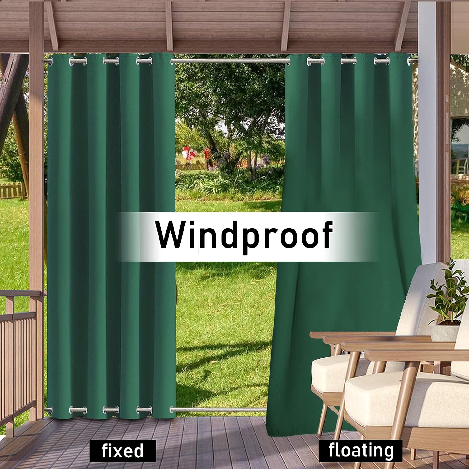 Outdoor Patio Curtains Waterproof Windproof Top and Bottom Grommet Blackout Curtains Thermal Insulated Gazebo Outdoor Curtain Drapes for Garden Porch Pergola Cabana (2 Panels, 100"Wx84"L, Green)