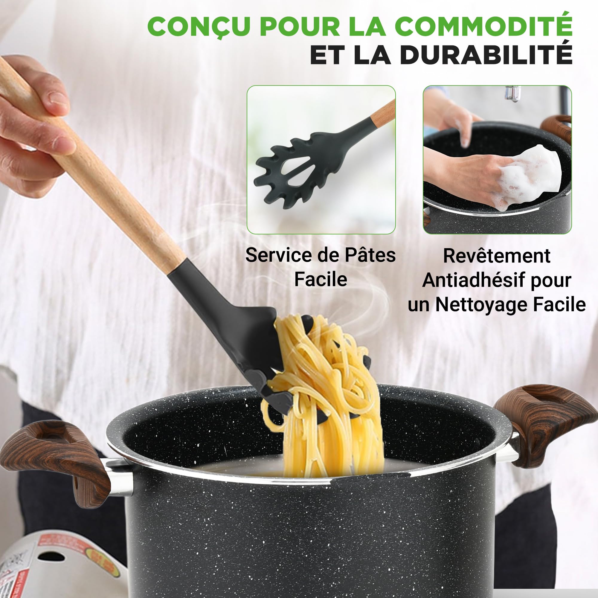 NutriChef Cuiseur à Pâtes 4,7L – Casserole à Pâtes Faitout Antiadhésive avec Égouttoir Intégré et Couvercle Passoire, Poignées Froides, Ustensiles de Cuisine Tous Feux Induction, Noir Marbré