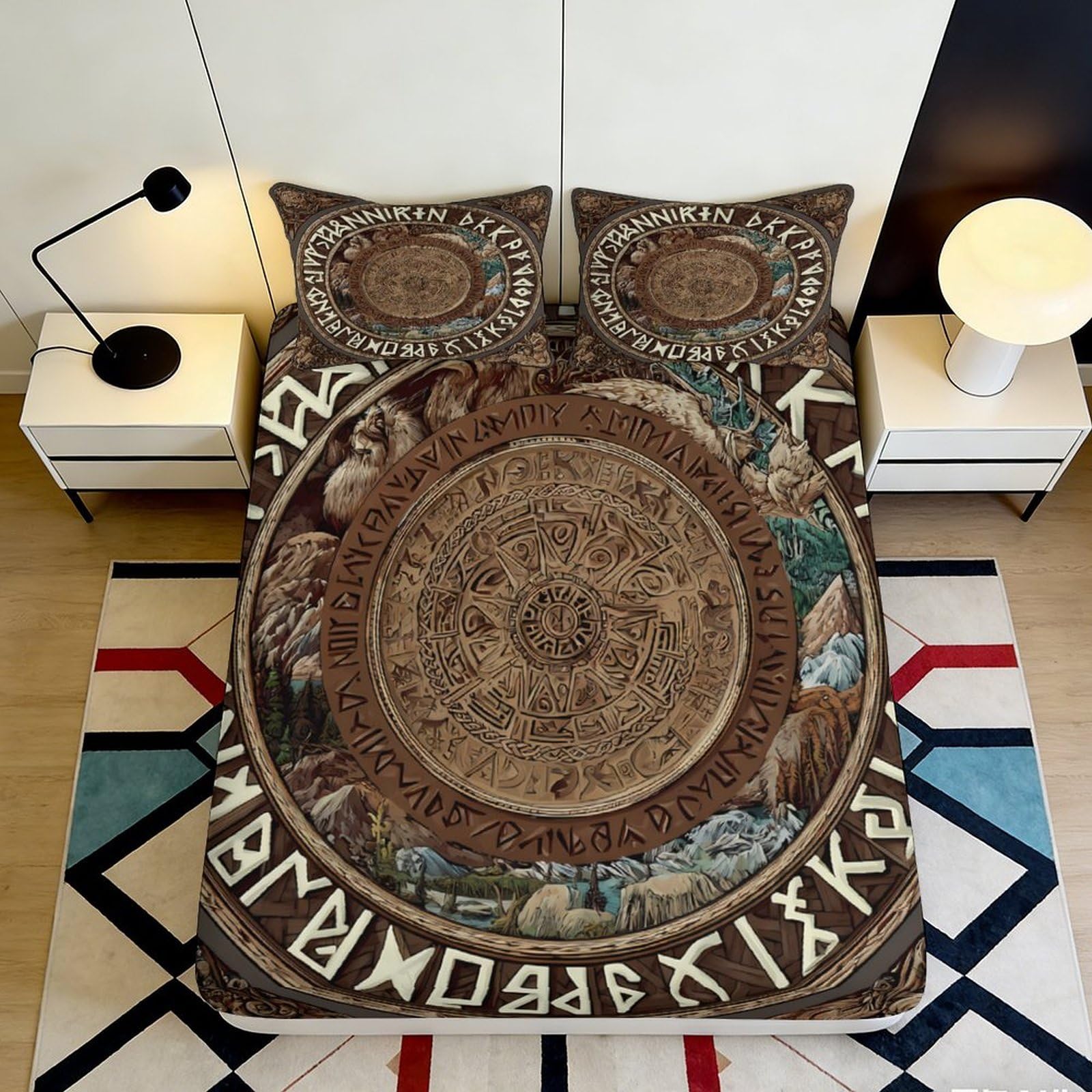 Pnayamiorkfel Style-10 3D Printed Viking Rune Fitted Sheet Microfiber Soft Brown Norse Symbol Bed Cover For Bedroom Decor 90X200x25cm