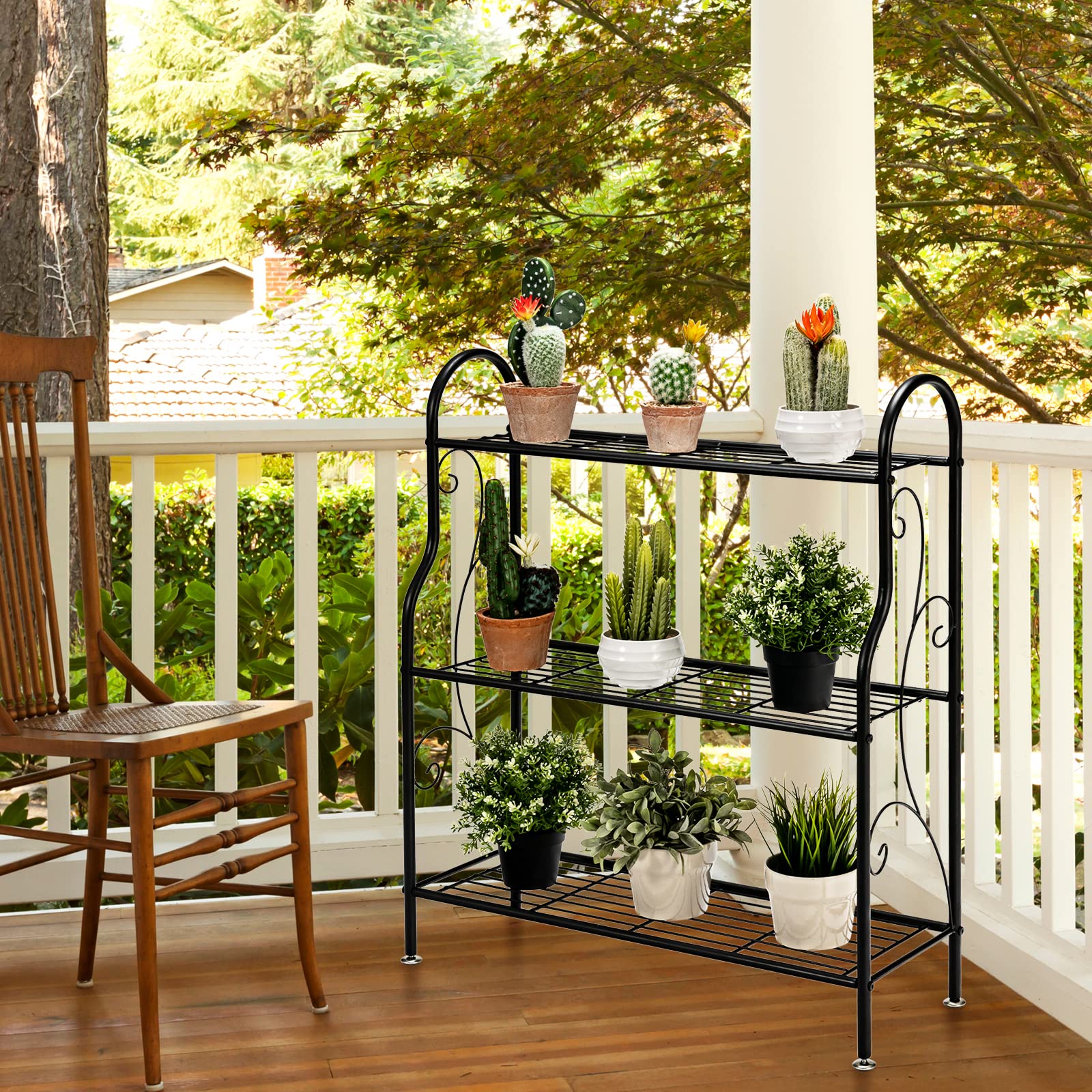 HOMASIS Support de plantes intérieur à 3 niveaux, étagère pour plantes en métal, porte-pots avec repose-pieds réglable, étagère multifonction pour balcon, cour, salon, 72 x 25 x 85 cm, noir