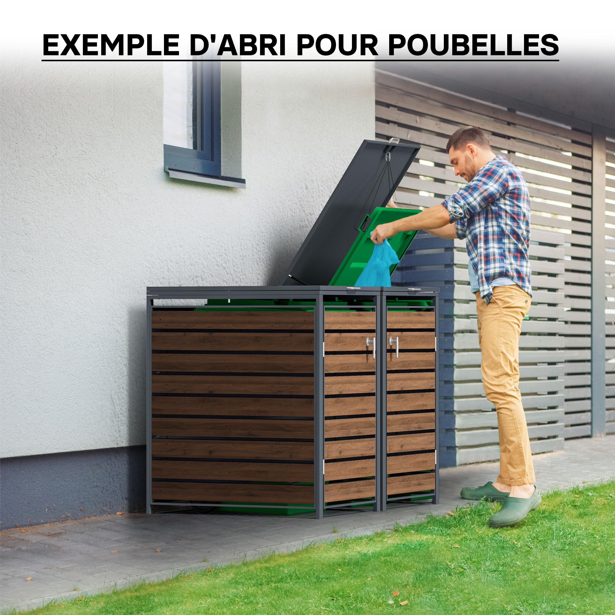 Wiltec Abri de Poubelle Double – 1420 x 980 x 1160 mm – pour Deux poubelles de 60 à 240 L – Design Bois – en Acier – avec Couvercle à carnière – Range Coffre Poubelle verrouillable