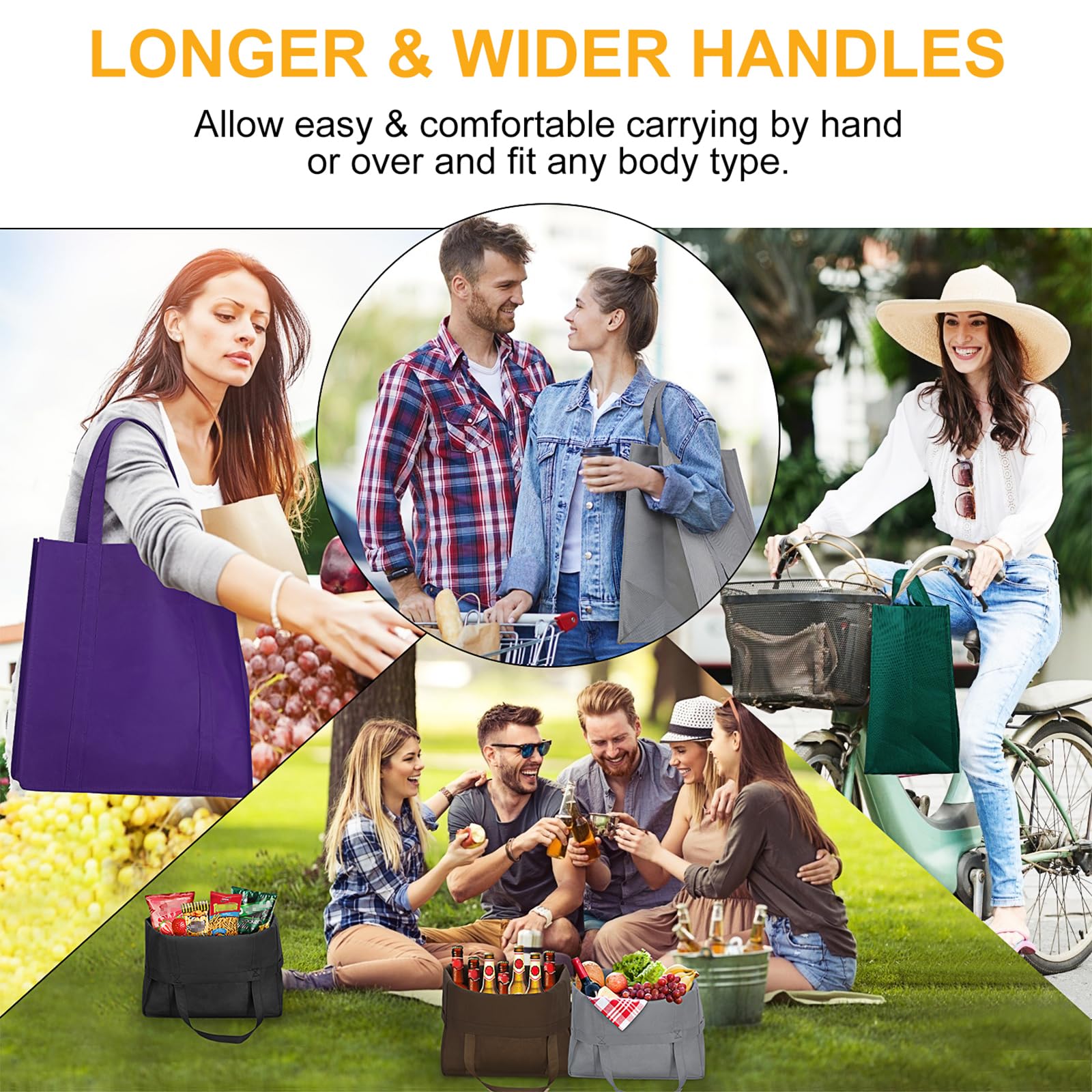 WiseLife Bolsas reutilizables para comestibles [juego de 12] grandes y plegables bolsas de la compra ecológicas con asa larga para la compra de comestibles ropa verduras frutas (6 colores surtidos)
