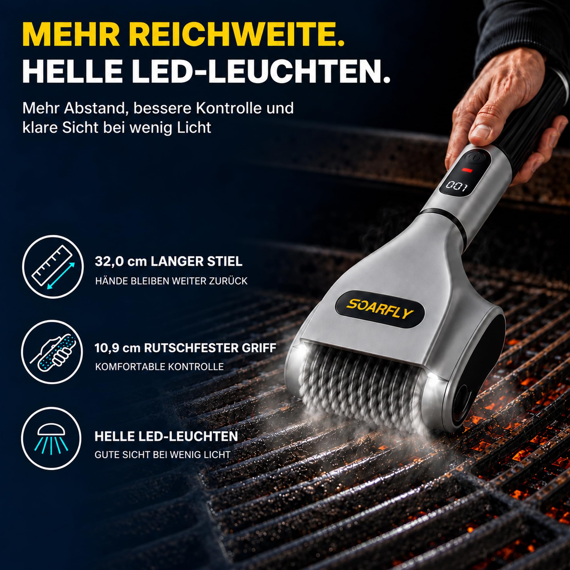 SOARFLY Elektrische Grillbürste, Grillbürste mit Einer Laufzeit von 210 Min bei 800 U/min, 20 kg Drehmoment & Zwei LED-Leuchten, Elektrische Reinigungsbürste für Männer und Grillfans
