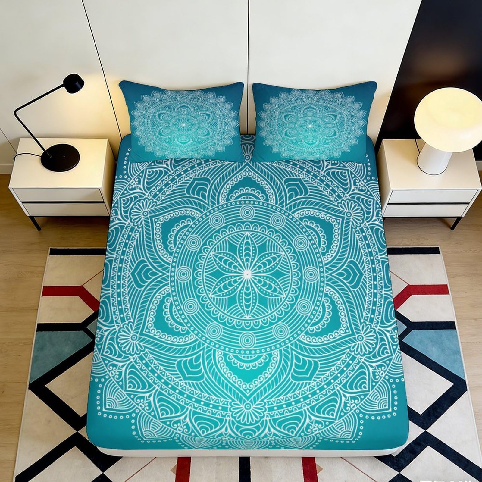 Jqzkxnhpbr Style-6 3D Printed Mandala Turquoise Fitted Sheet Microfiber Soft Breathable Geometric Mattress Cover For Bedroom Dorm Decor Mattress Protection 90X200x25cm
