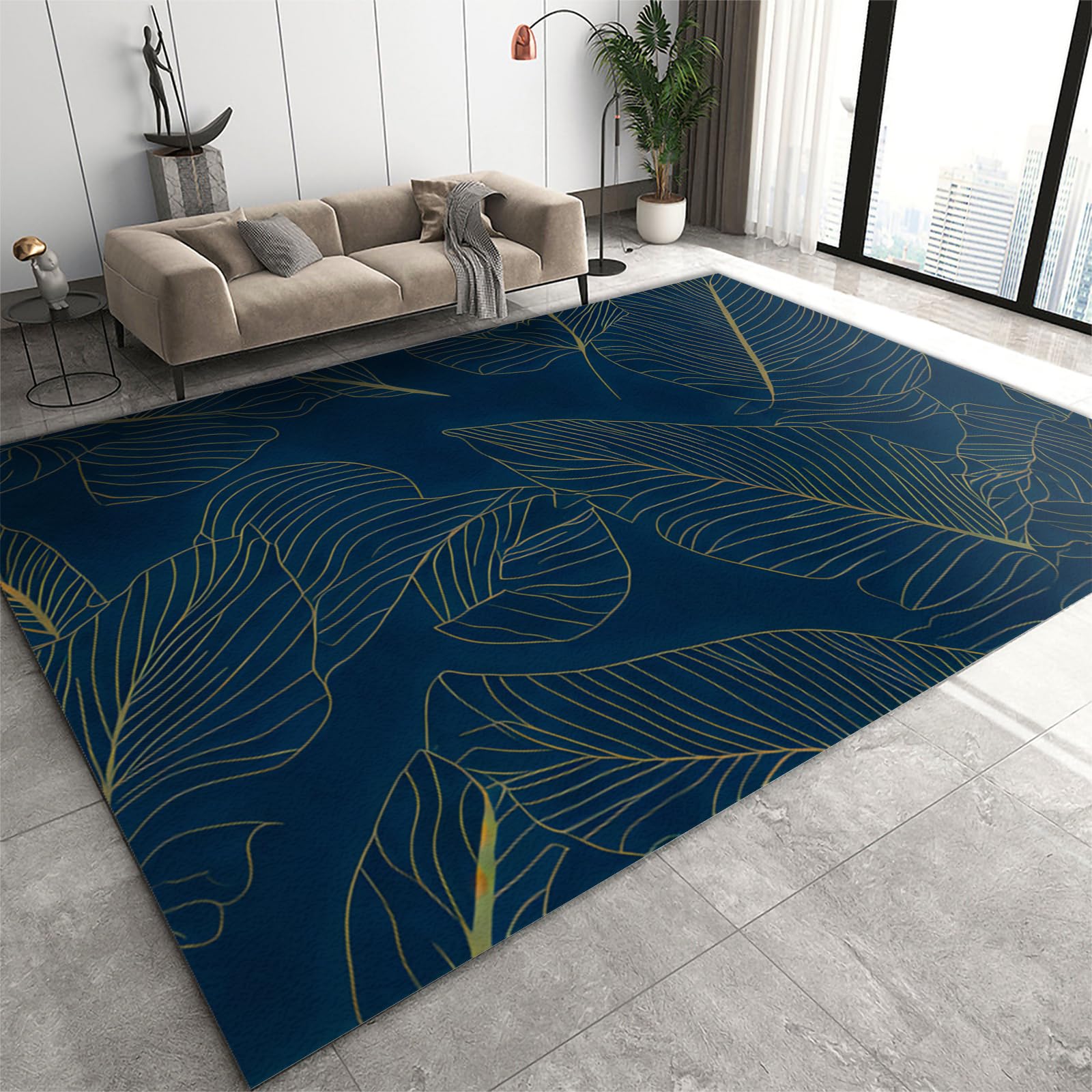 Simple Lines Plants Area Rug, Modern Leaf Vintage Rugs, Decorative Floor Mat Low Pile Foldable for Living Room Dining Room Bedside Laundry Room Kitchen Farmhouse Entryway Hallway Office-70 x 140 cm