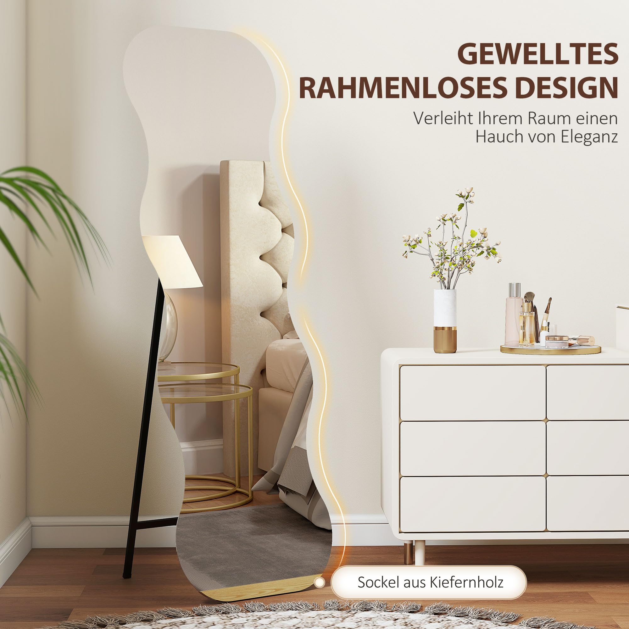 HOMCOM Ganzkörperspiegel 160 x 50 cm, rahmenloser Standspiegel mit unregelmäßig gewelltem Design, Holzsockel, zum Stehen oder Anlehnen, Modern Deko Spiegel für Schlafzimmer, Flur, Wohnzimmer, Schwarz