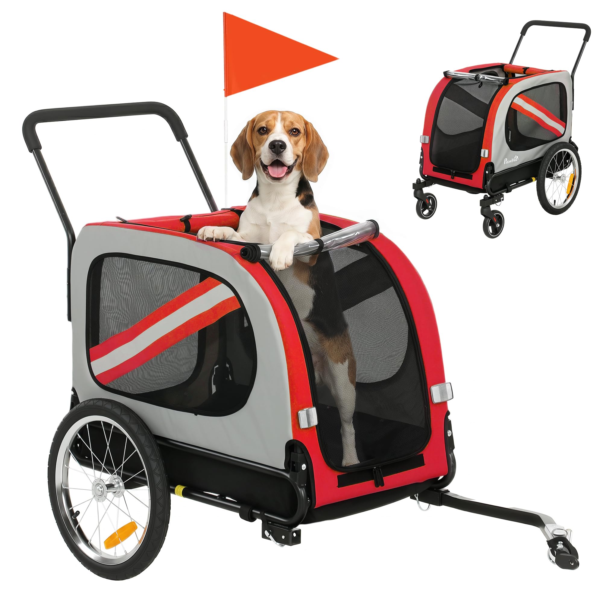 PawHut Dog Bike Trailer, 2 in 1 Foldable Pet Stroller Security Harness, Reflectors, Quick Release Wheels, Flag, for Medium Dogs, Red