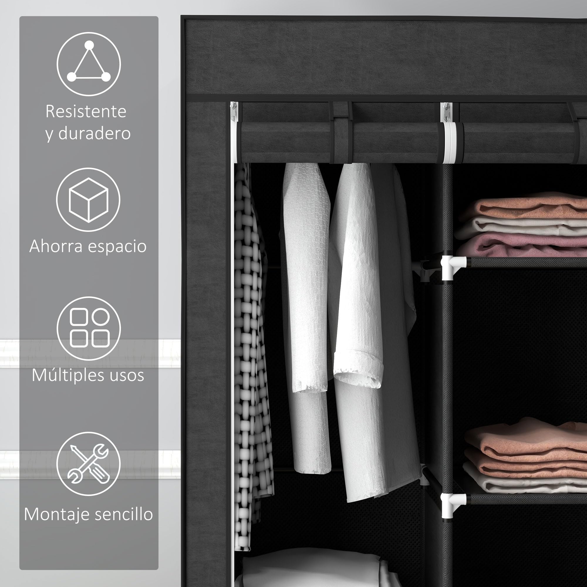 HOMCOM Armario de Tela Plegable, Armario Portátil con 2 Barras para Colgar, 8 Estantes, Marco de Acero, para Dormitorio, Vestidor, 125x43x162,5 cm, Negro