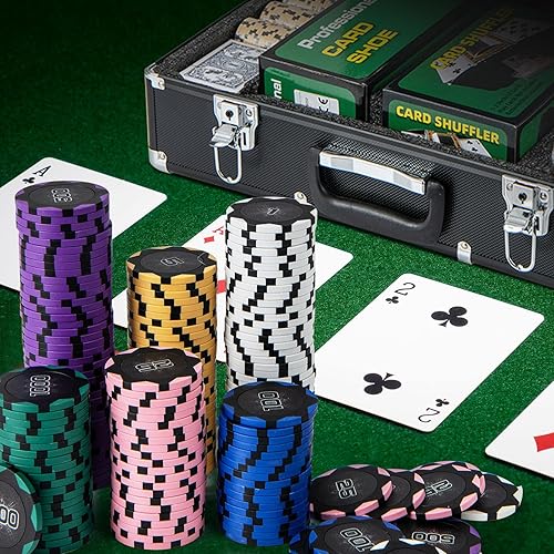 Miniatura 9 de GYMAX Juego de fichas de póquer, 600 fichas de casino Texas Hold 'em con estuche de transporte, 6 mazos de cartas, 5 dados y 3 botones de
