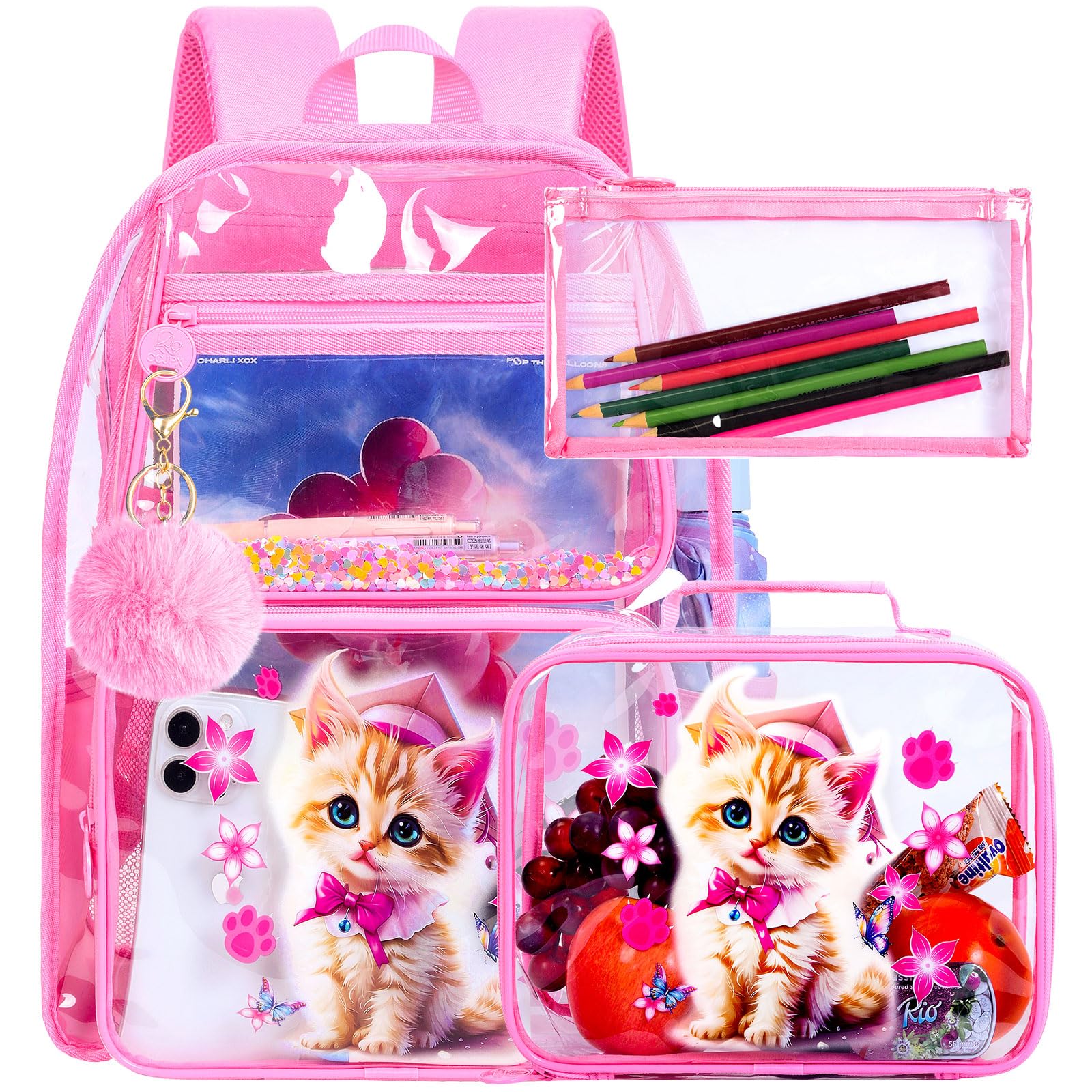 Clear Backpack for Girls and Boys, Kids Transparent Bookbag, 3PCS Cute See Through School Bag for Elementary Prechool