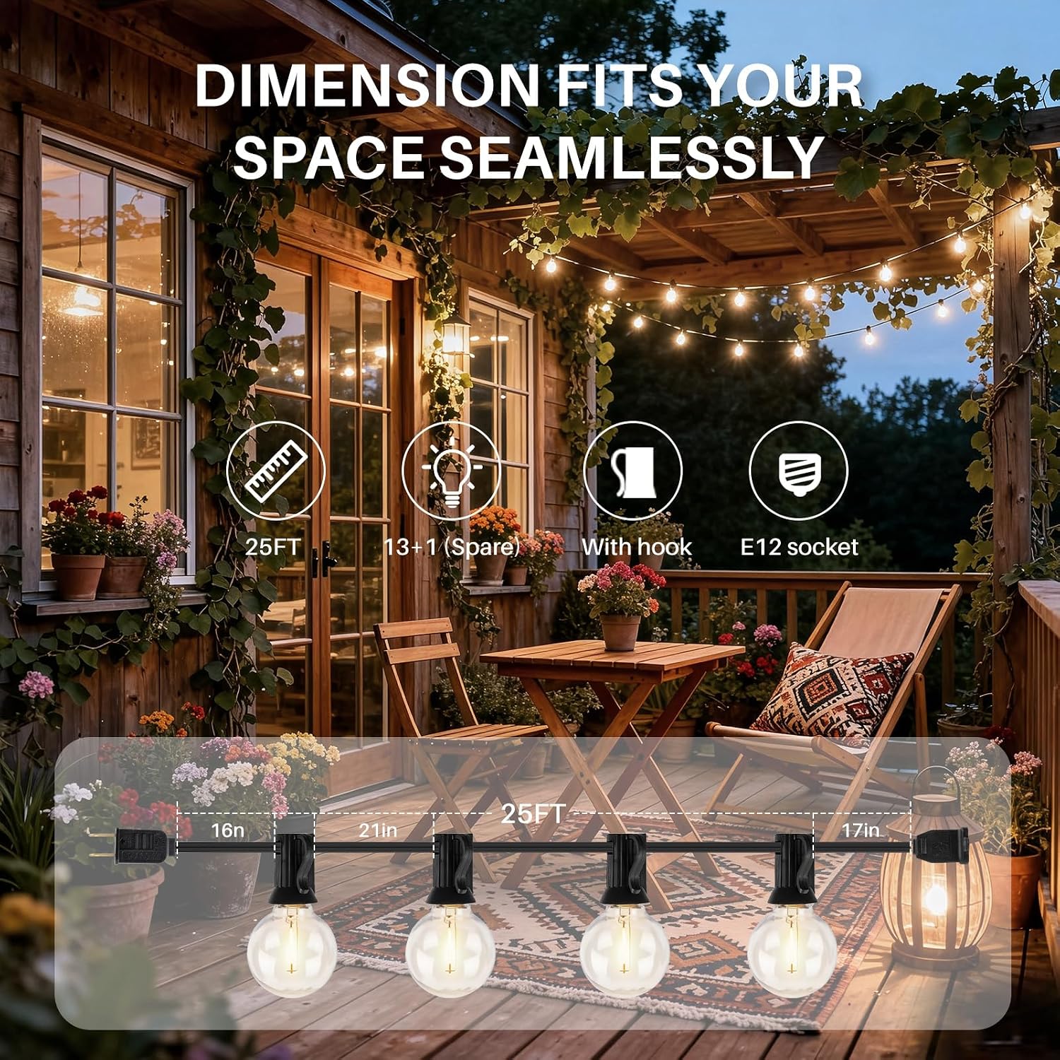 25 FT 2700K Outdoor String Lights,13 Plastic Edison Bulbs, E12 Base image 4