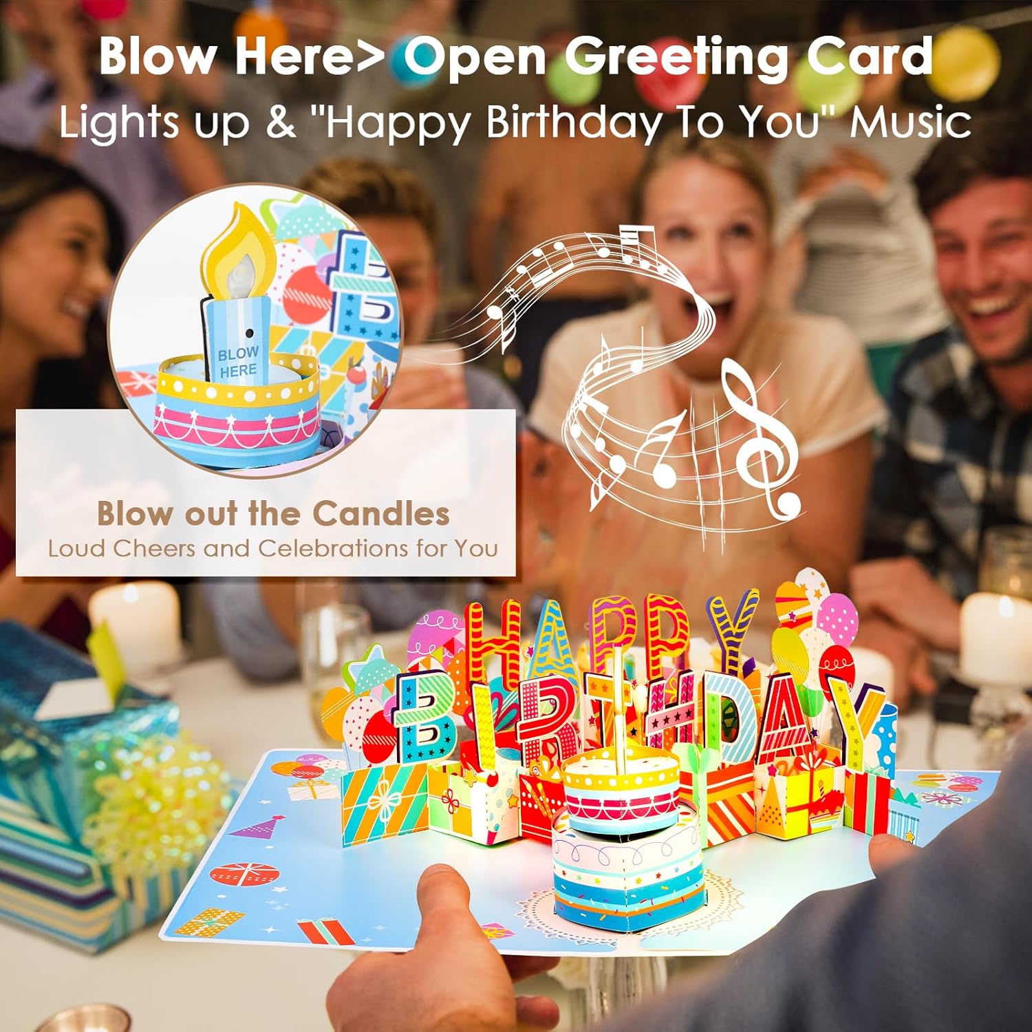 3D Musical Birthday Pop Up Card, Blow Out LED Light Candle & Music Happy Birthday Card Birthday Greeting Cards with Blank Note Card and Envelope for Kid Husband, Men, Women, Mom - Image 6