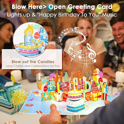 Miniatura 6 de ZOEDO Tarjeta desplegable de cumpleaños musical 3D, vela con luz LED y tarjeta de felicitación de cumpleaños con tarjeta de notas en blanco y sobre