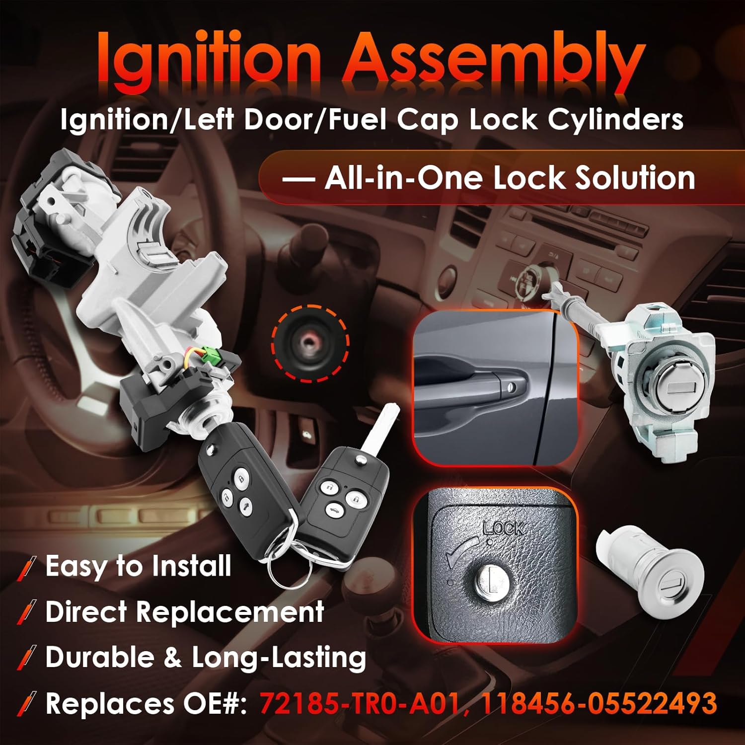Ignition Switch Lock Cylinder, Compatible with 2012-2014 Honda Civic 1.8/2.4L, Assembly w/Remote Key (ID46 Chip 433MHZ Freq), Left Door/Fuel Cap Lock, Replaces# 72185-TR0-A01