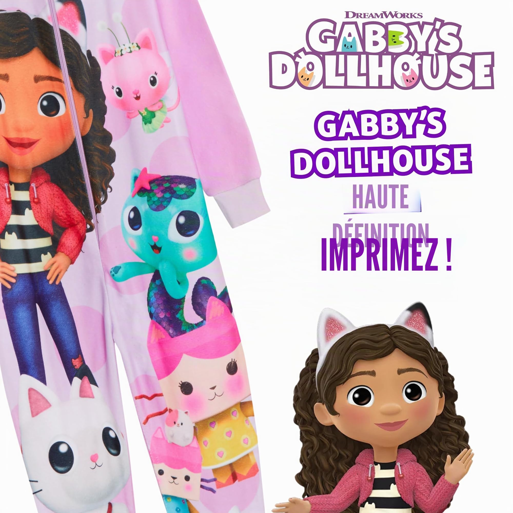 Gabby's Dollhouse Combinaison pyjama Gabby tout-en-un en polaire pour enfants