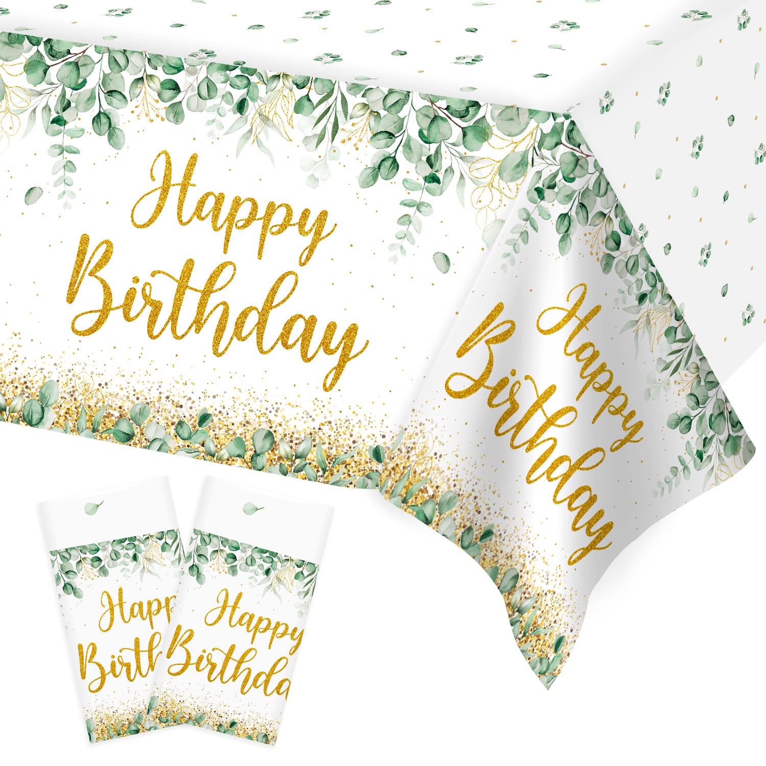 Heboland2 Pack Sage Green Birthday Table Cloth Decorations Suit for All Ages Netural Party, Large Size 137 x 274 cm Rectangular Gold Happy Birthday for Boys Girls Men Women