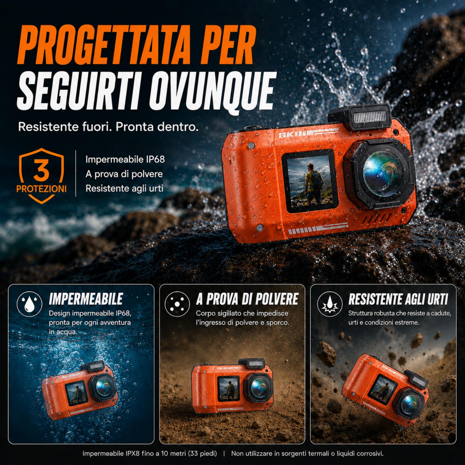 MaxMango D50 33FT Macchina Fotografica Subacquea Impermeabile, 8K 70MP Fotocamera Digitale con 16 GB di Scheda, Doppio Schermo 2.8'' per Selfie, 18x Zoom, Resistente a Polvere e Urti per Snorkeling