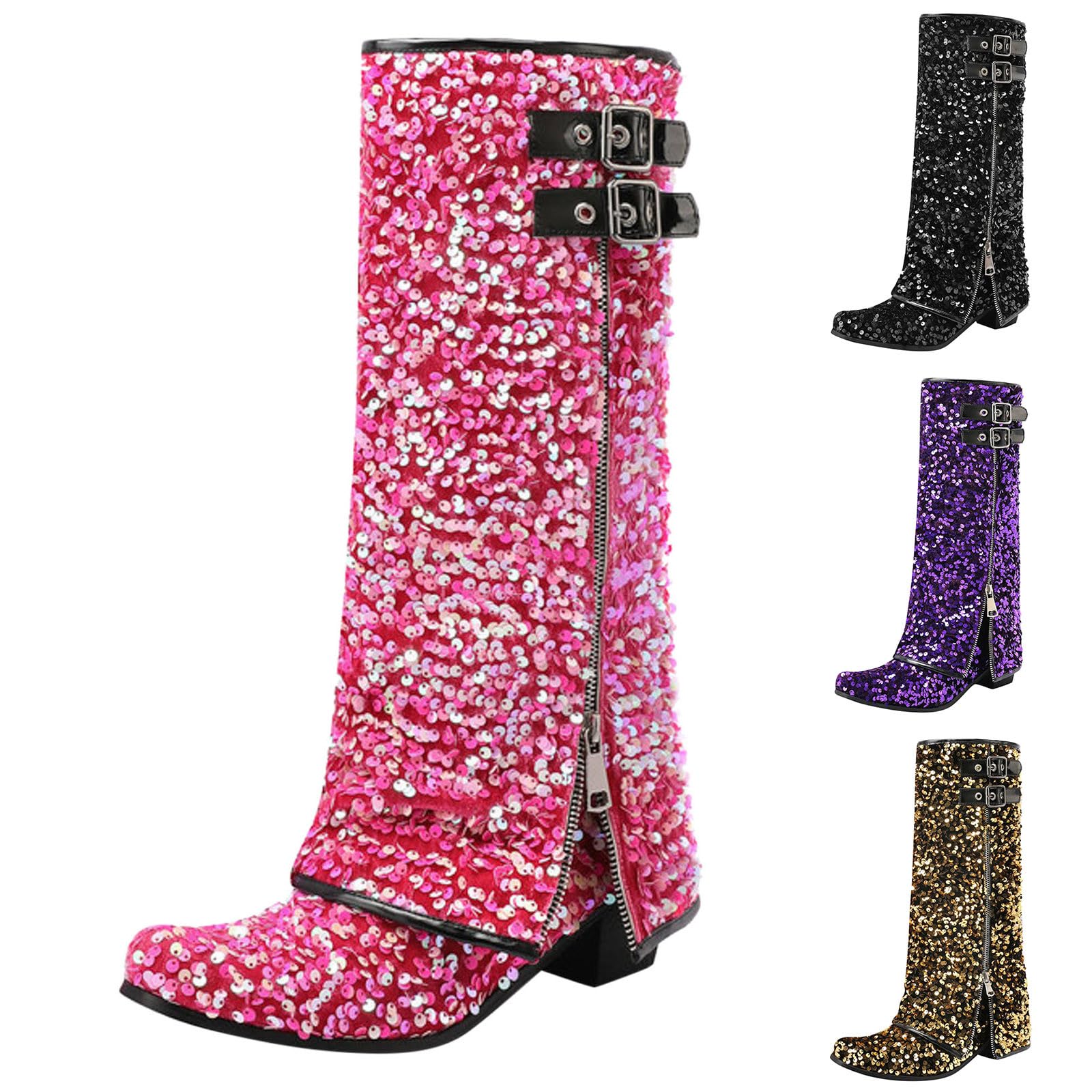Generisch Stivali invernali da donna a metà polpaccio, alla moda, con paillettes, con zip alla moda, tacco basso, vestibilità comoda per le giornate fredde