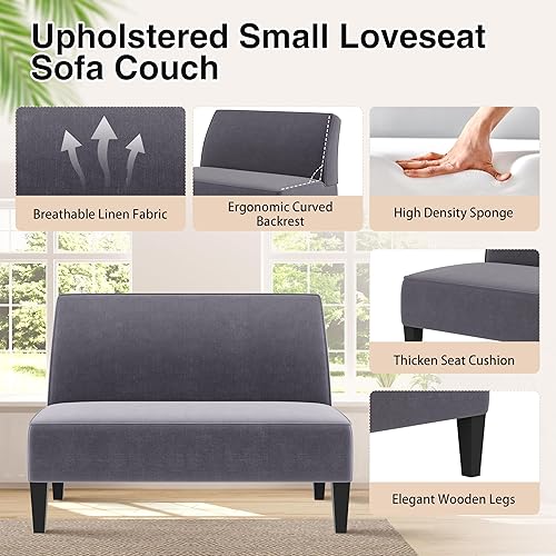 Miniatura 3 de Sofá biplaza pequeño tapizado para espacios pequeños, sofá de 2 plazas con patas de madera para dormitorio, sala de estar (gris claro)