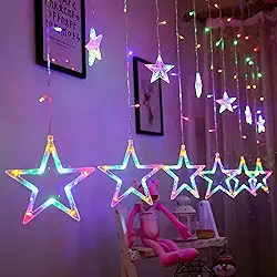 Cascata com 138 Estrelas Coloridas de LED 8 Funções de Pisca para Decorações de Natal 2,5 Metros Luzes de Natal para Sacada Janela Jardim (220, Volts)