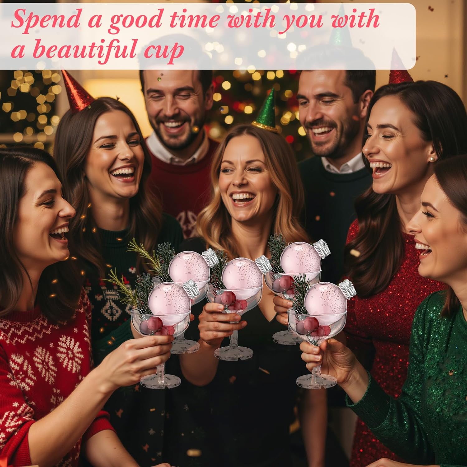 16 Set Christmas Booze Balls Refillable Drink Balls with Champagne Glasses Set - Christmas Tree Hanging Ornaments DIY Clear Round Plastic Fillable Bulbs for Xmas Holiday Party