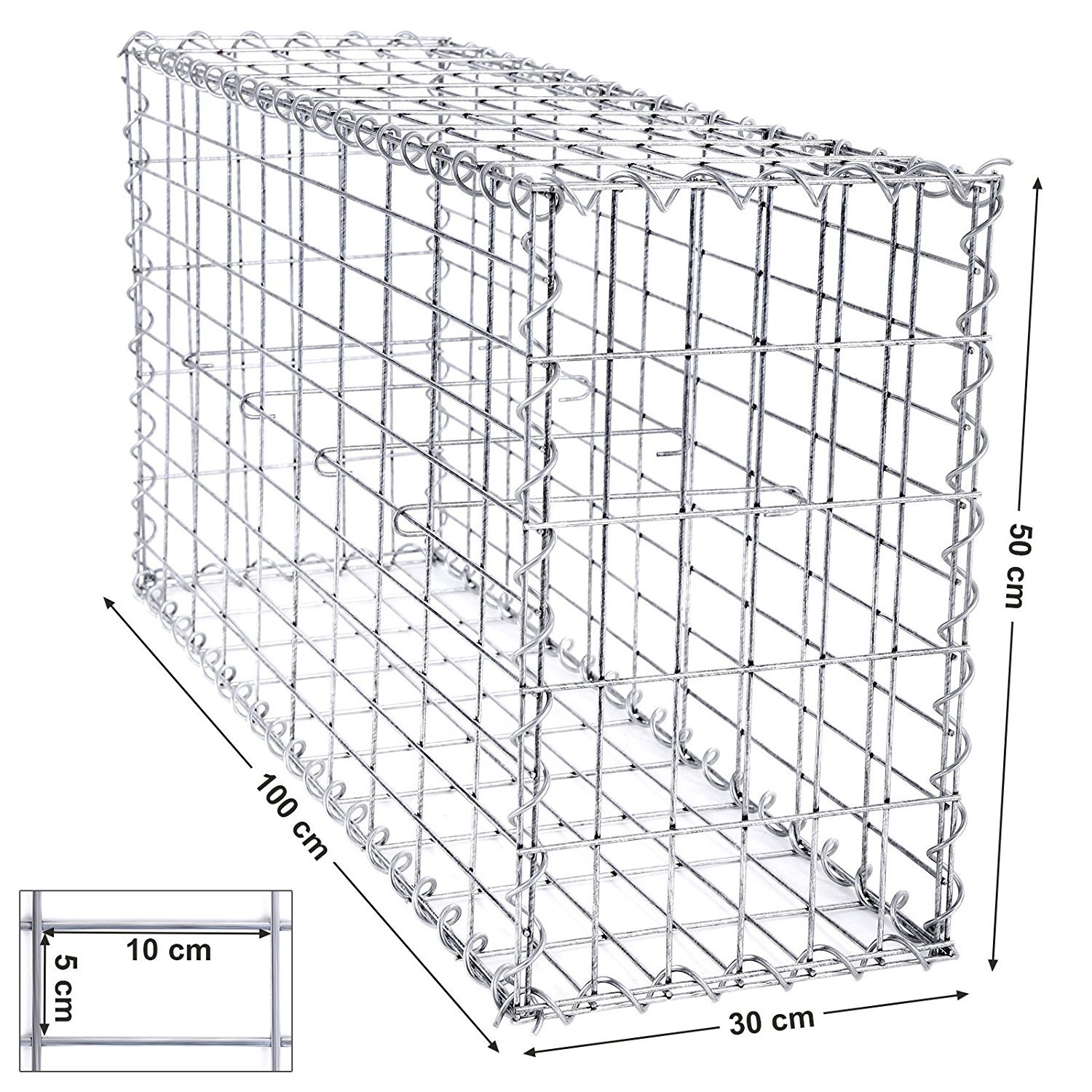 DEFACTO Gaviones de piedra, cesta de piedra, gaviones para pared, cesta de alambre, para interior y exterior, gris, grosor del alambre: 4 mm, incluye 4 soportes de distancia 100 x 50 x 30 cm