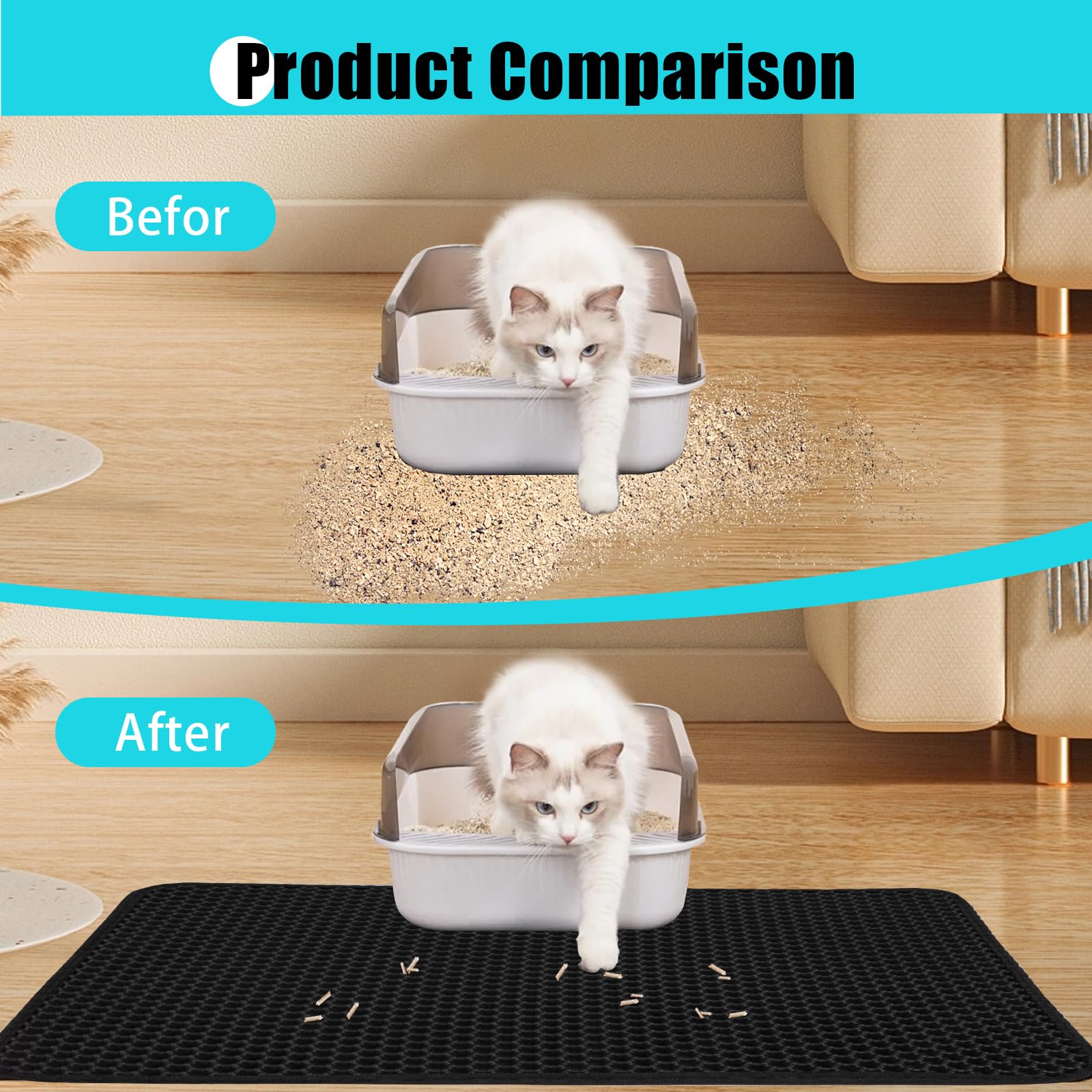 Tapete de arena para gatos, colector de arena para gatitos, diseño de panal de abeja de doble capa, impermeable, antiorina, antideslizante, fácil de limpiar, limita la basura (35 x 24 pulgadas,