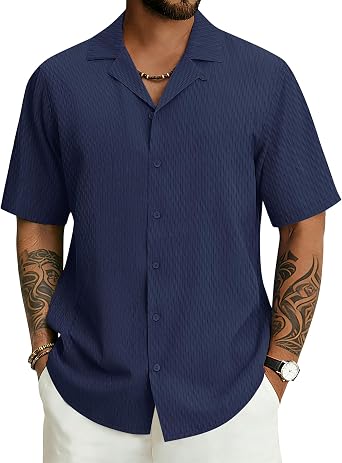 Cotrasen Mens Cuban Collar Shirt Short Sleeve Button Down Summer Shirts