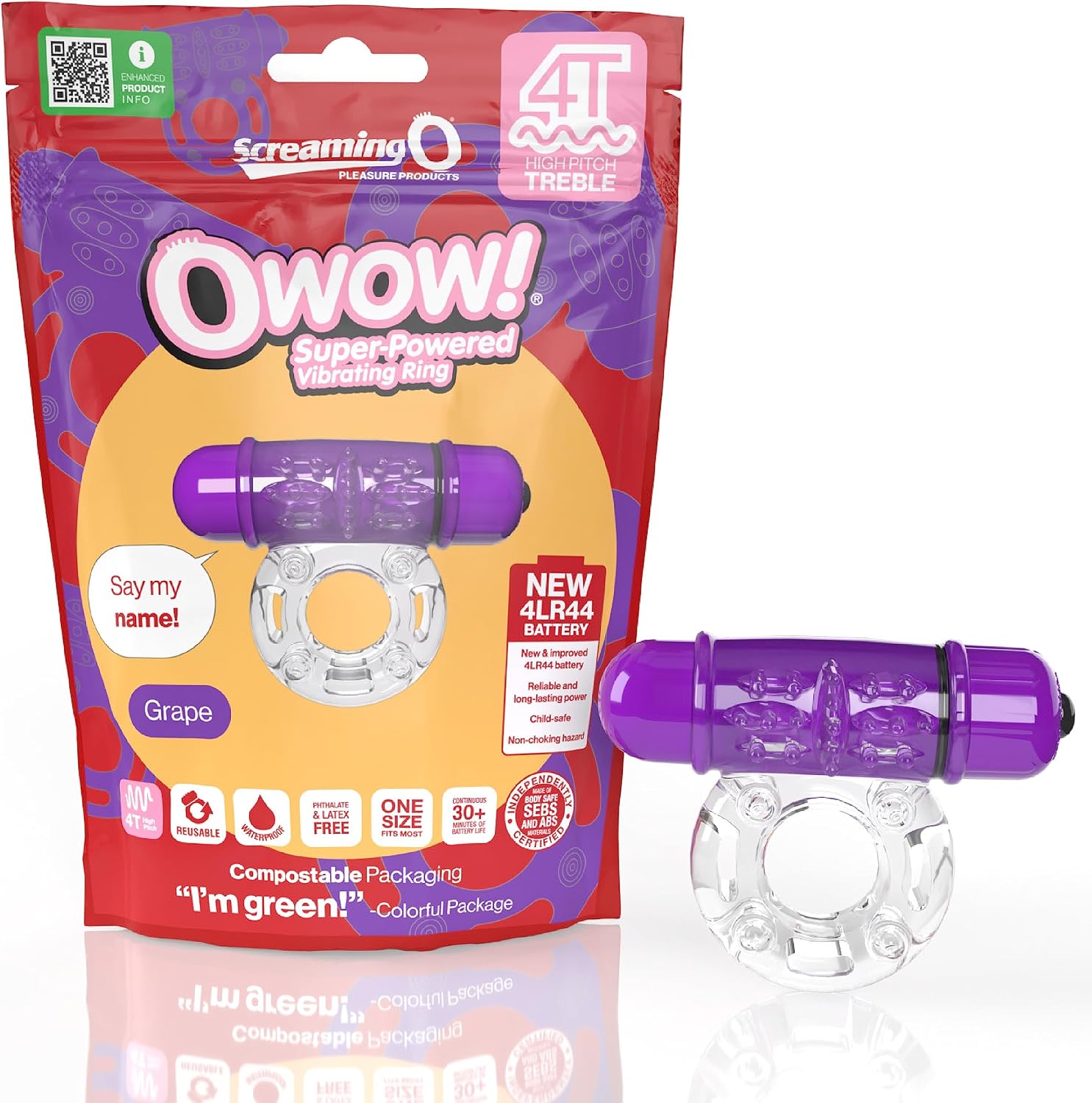 Screaming O Cock Ring for Couples, Vibrating 4T OWow, Grape, 1ct | Stretchy silicone cock ring for partner play; 5 speeds plus pulse, waterproof, body-safe SEBS, treble motor