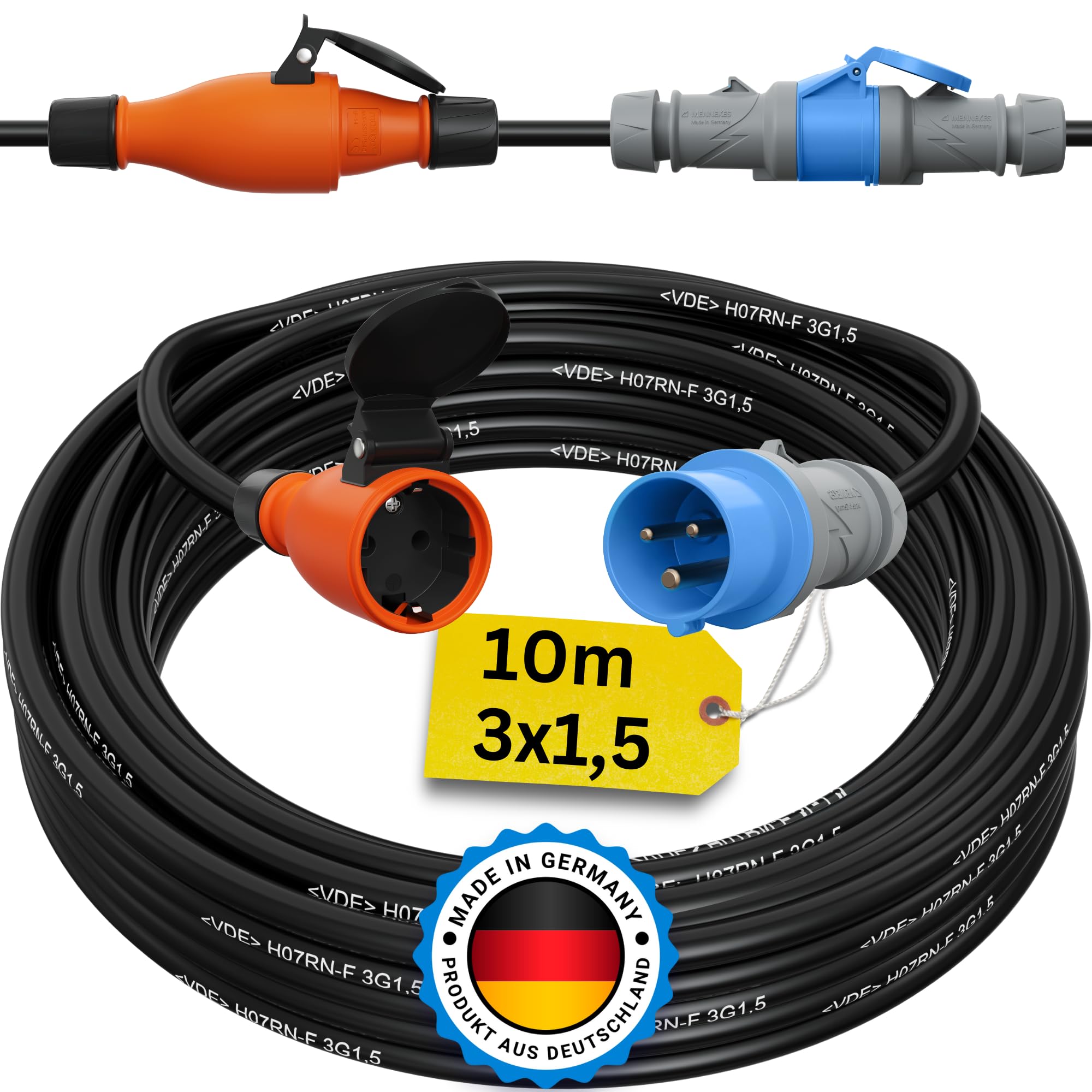 CEE auf Schuko Adapter 10m Camping Stromkabel H07RN-F 3x1,5 Landstromkabel Wohnmobil Wohnwagen Kabel Camping Adapter 10 Meter Strom Verlängerungskabel CEE-Stecker Campingstecker