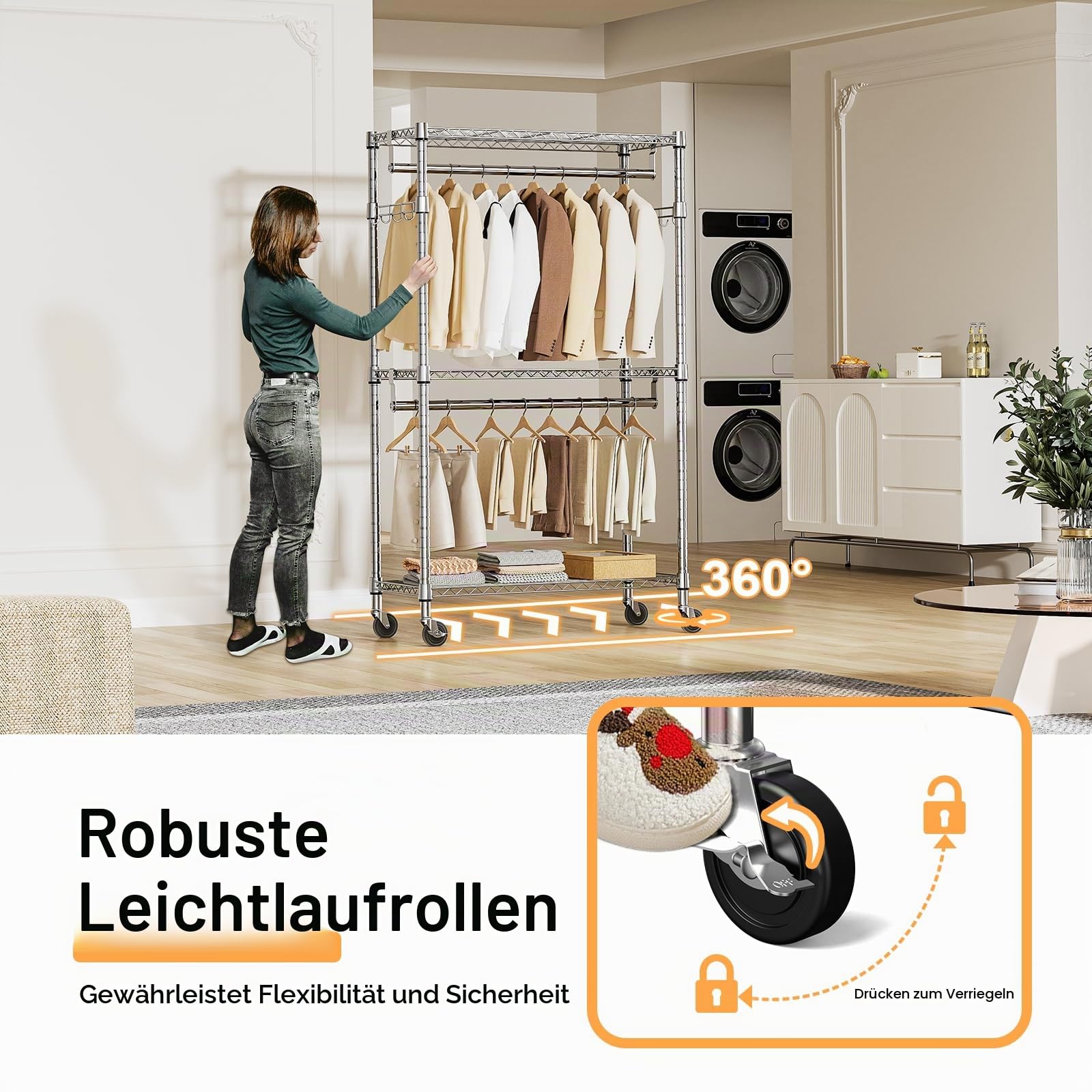 M MZG Robuster rollbarer Kleiderständer mit 3 Ebenen, Verstellbarer Drahtregal, Kleiderständer mit 2 Stangen und seitlichen Haken, Aufbewahrungsschrank Chrom 40 x 75 x 189,3 cm