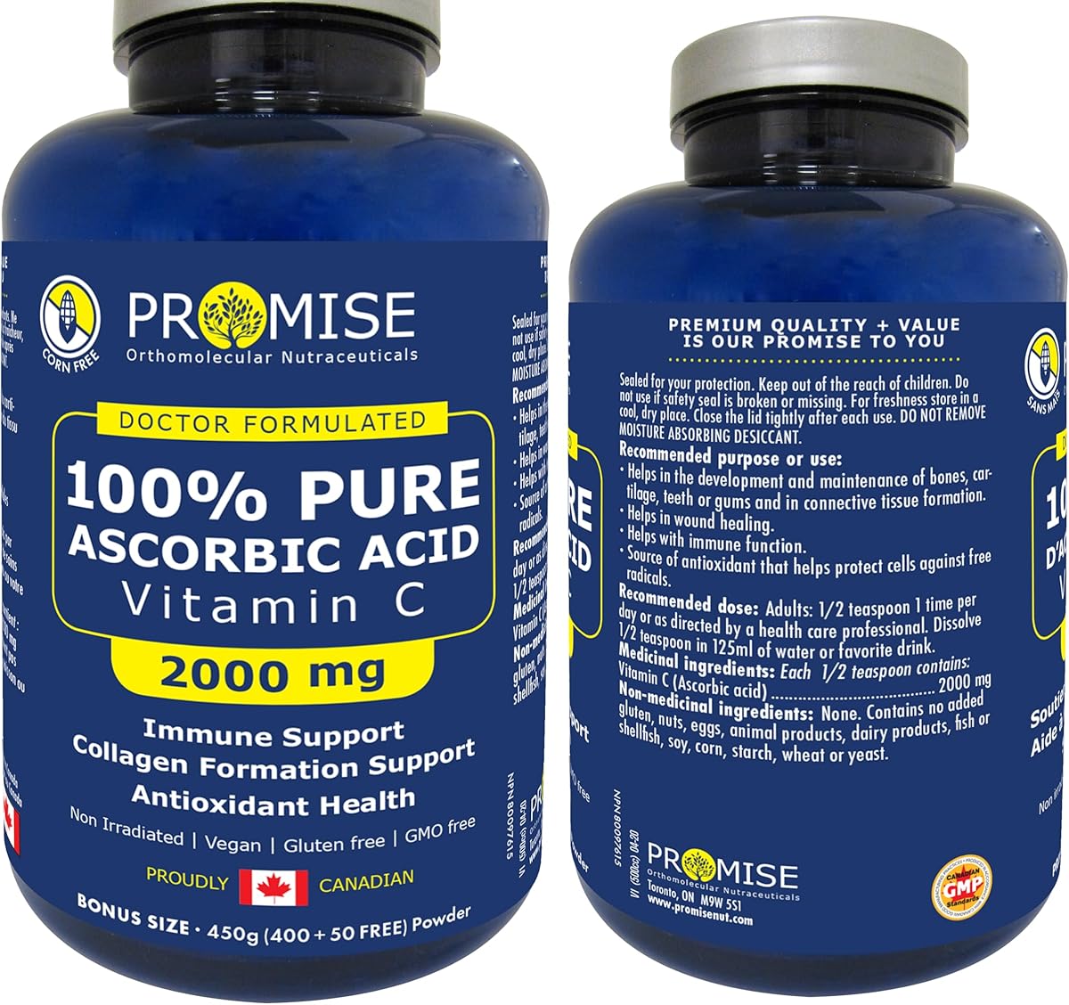 Promise Orthomolecular Nutraceuticals Promise 100% Pure Ascorbic Acid Vitamin C Powder, 2000 mg of Vitamin C per Serving – Unflavored, Non-GMO, Gluten-Free – 450 grams