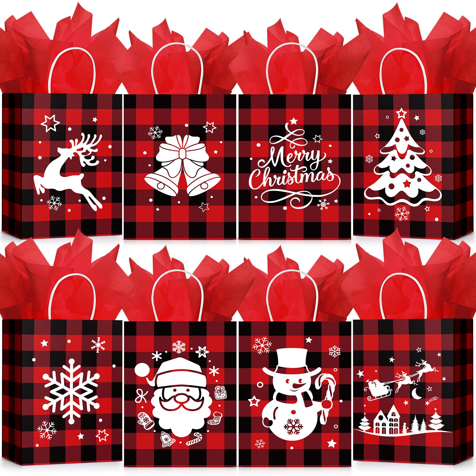 24 sacchetti regalo di Natale con carta velina, Merry Christmas Xmas Kraft Paper Goodie sacchetti con manici, per confezioni regalo di Natale, forniture per feste (plaid, medio)