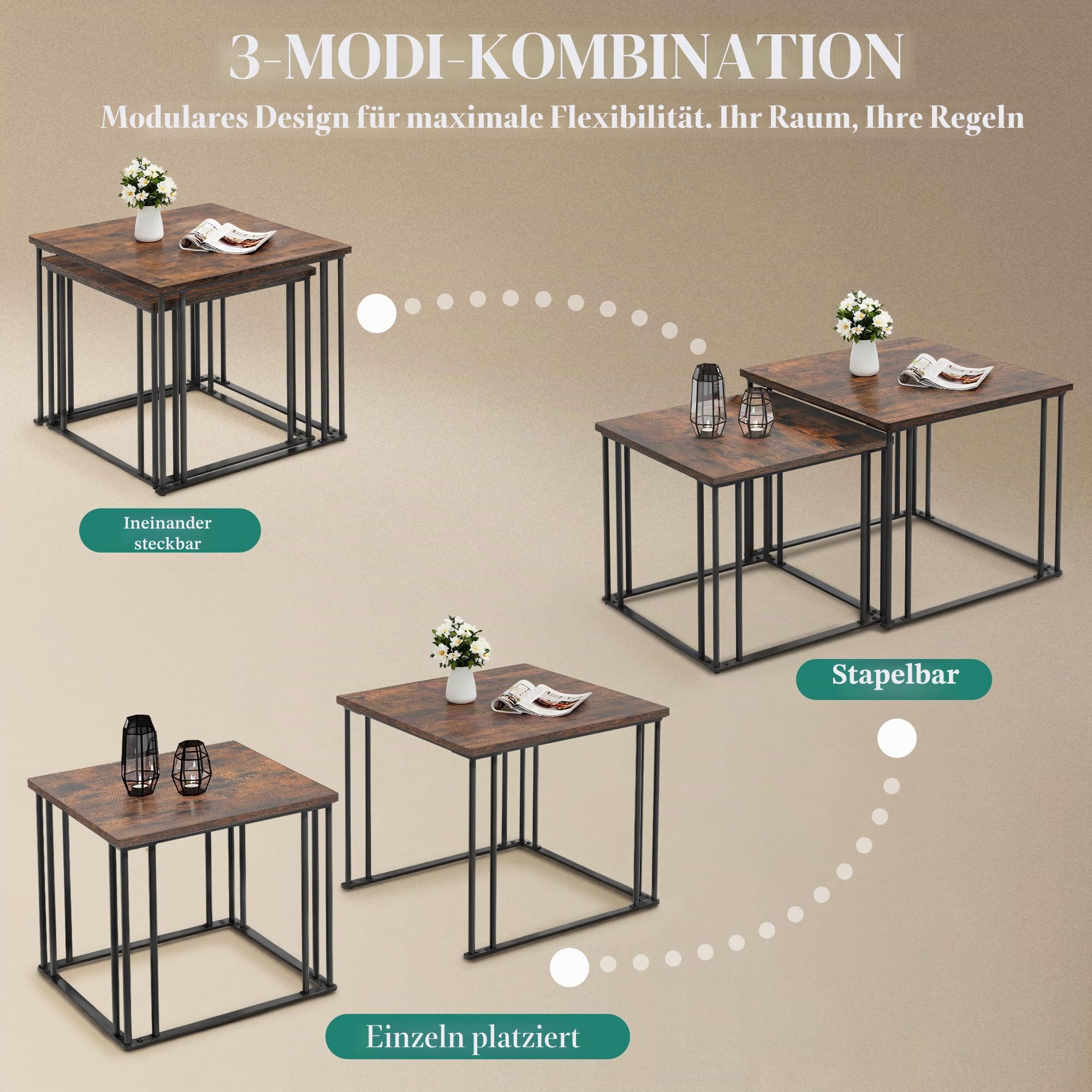 YITAHOME Couchtisch 2er Set, Wohnzimmertisch Holz mit Metallrahmen, Modern Bauernhaus Cocktail für Wohnzimmer Esszimmer Küche