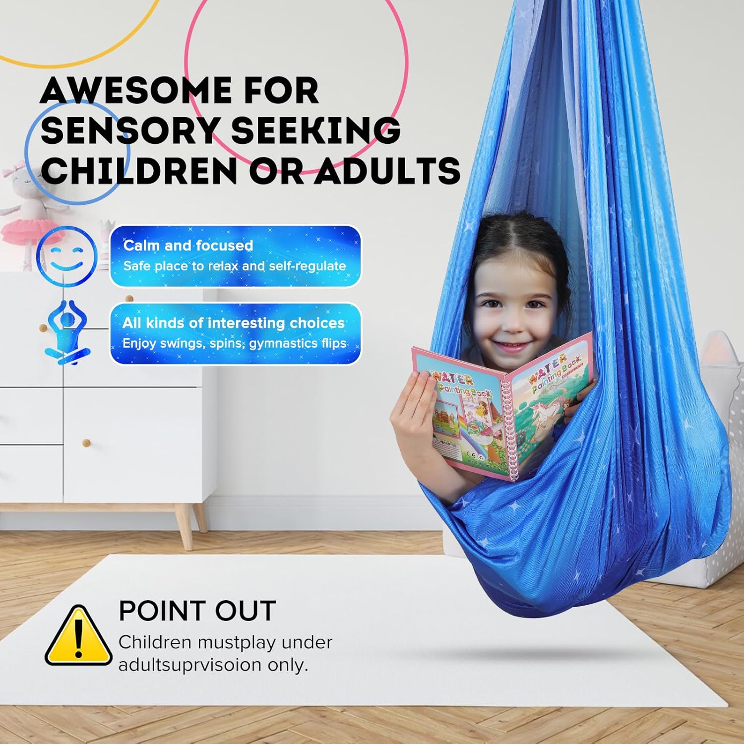 Sensory Swing for Kids & Adults Holds up to 300lbs, Double Layer Therapy Cuddle Swing for Kid with Autism (Blue Starry Sky)