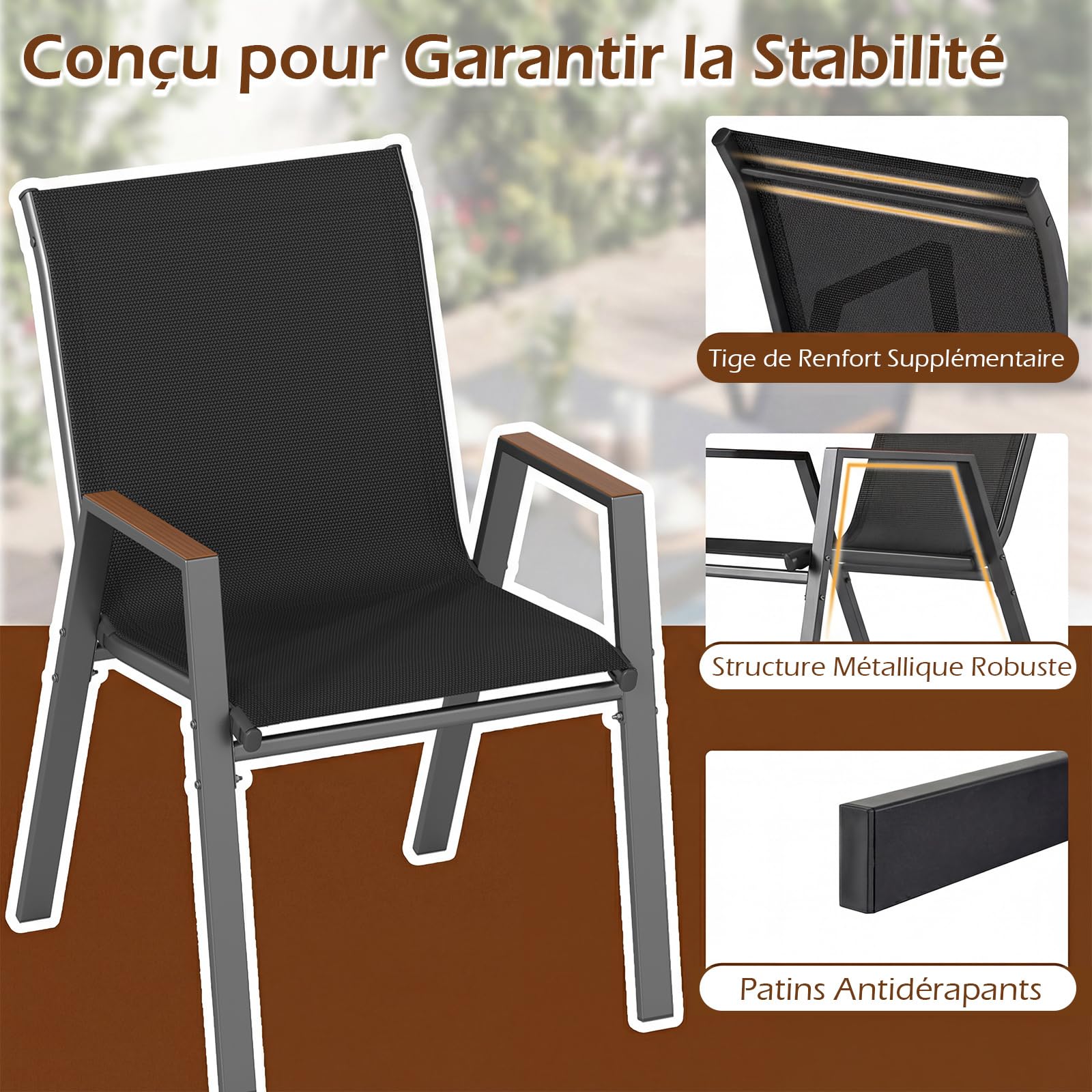 COSTWAY Lot de 2/4 Chaises de Jardin Exterieur, Fauteuils Empilable, Charge 180 kg, Tissu Respirant, Structure en Métal, Chaise Exterieur pour Jardin Cour Balcon, 56 x 66 x 88 cm (Noir,2)