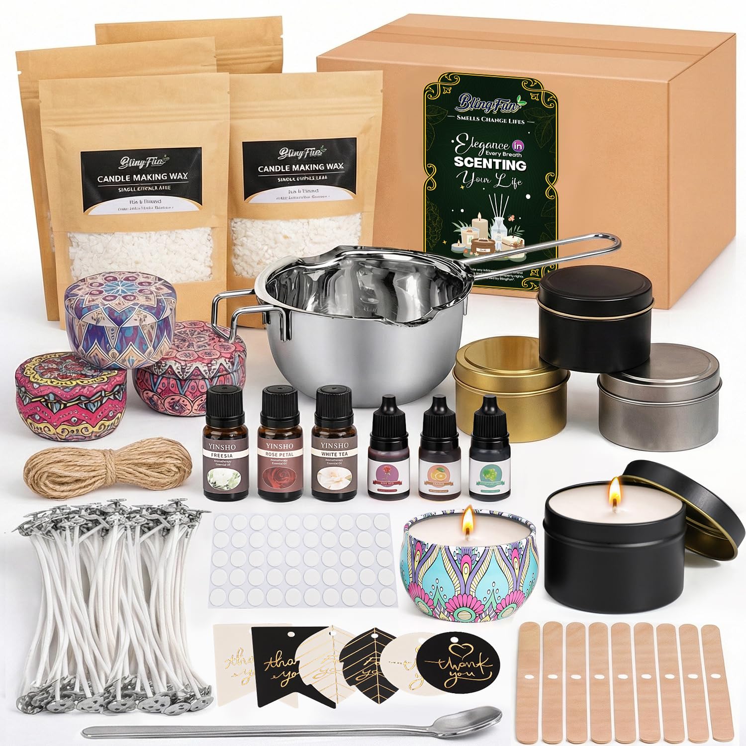 Blingfun Kit Complet pour Fabrication de Bougies en Cire de Soja 900g- DIY Bougie Parfumée avec Mèches, Huiles Fragrances, Colorants, Pot, Autocollants & Outils - Idée Cadeau Créatif pour Adultes