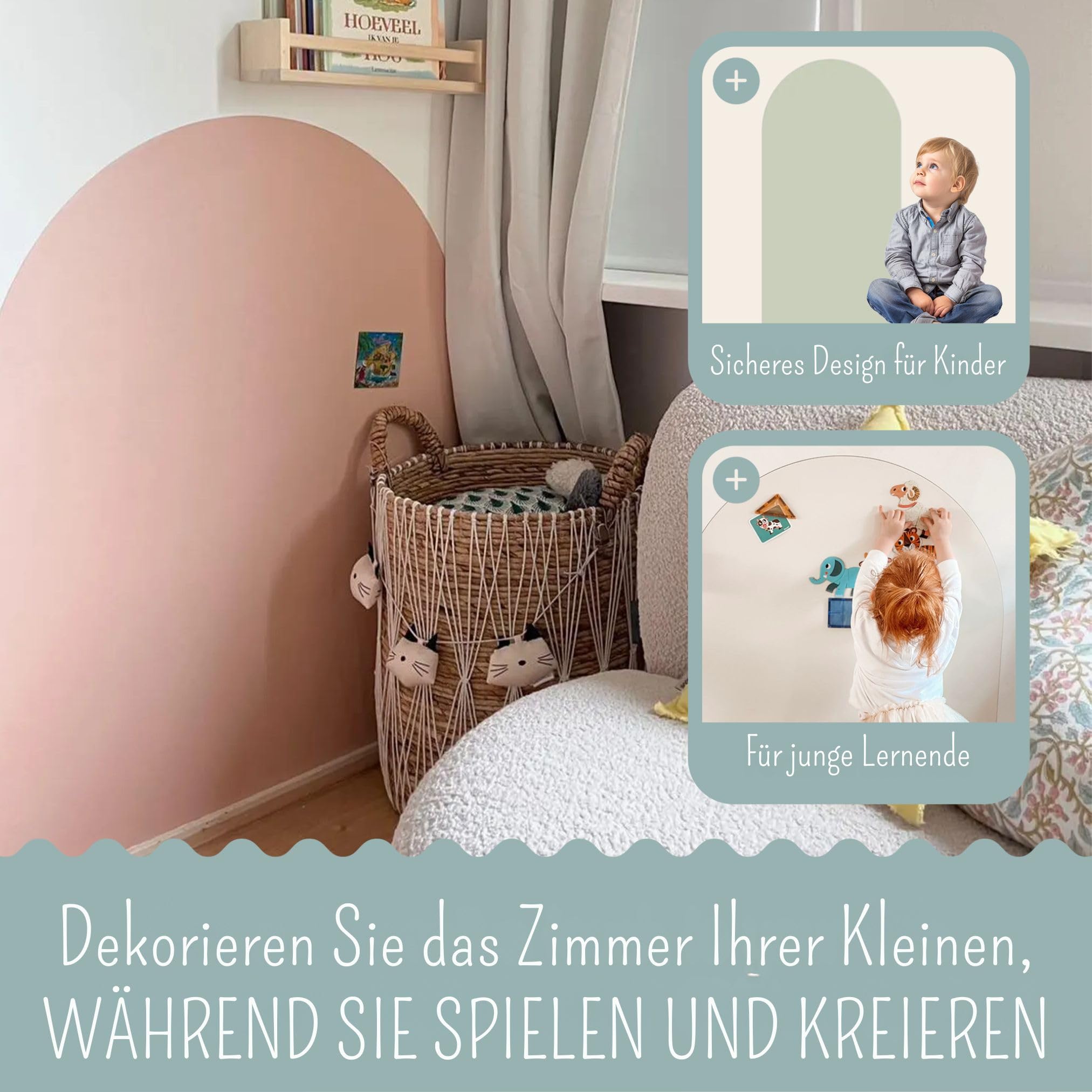 Magnettafel Kinder – Selbstklebende Wandtafel in Bogenform mit Pastellfarben und Kreiden – Montessori Magnetwand – für Mädchen und Jungen – Kinder Magnettafel Wand (MILKTEA 100 X 80 CM)