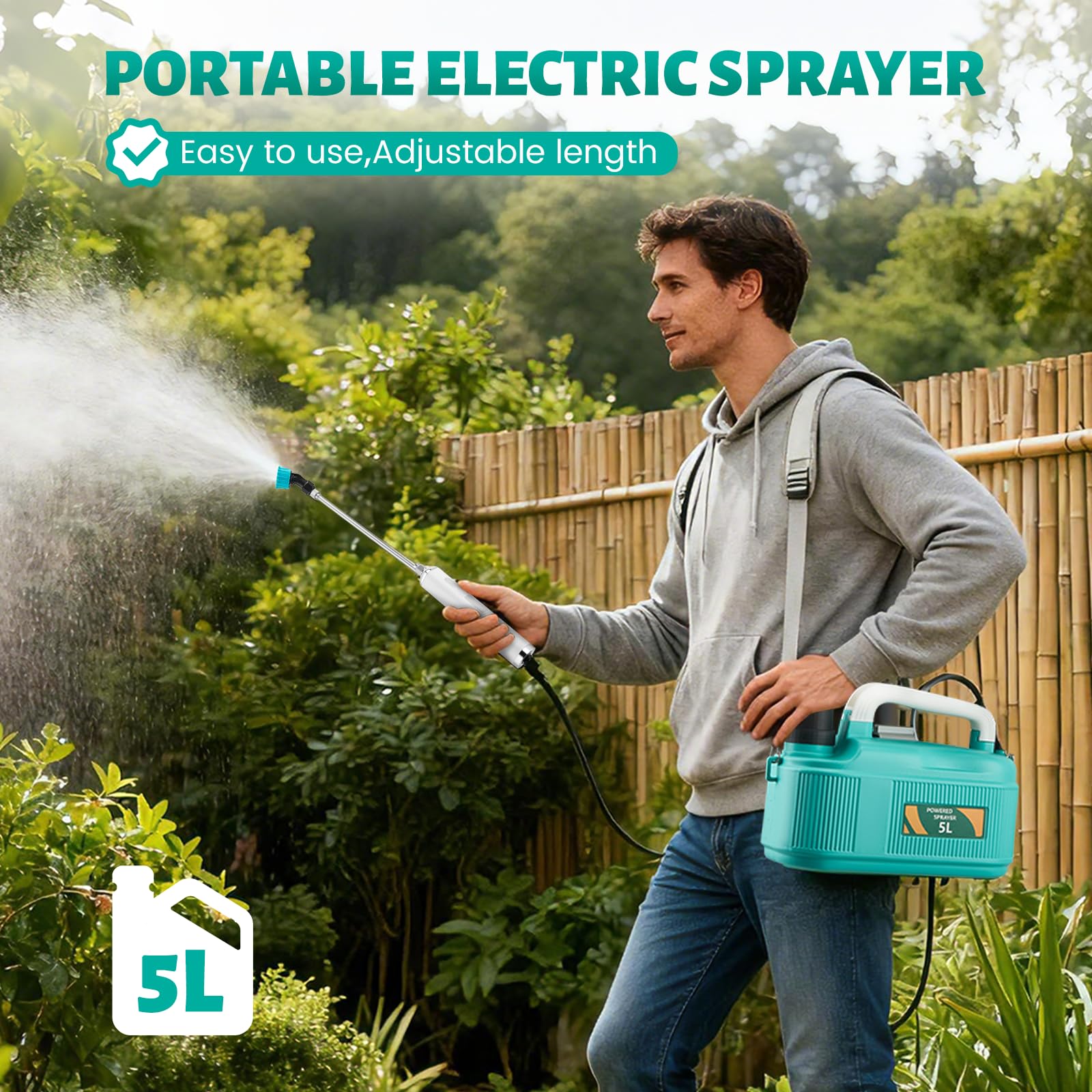 Spruzzatore a pressione a batteria elettrico da 5 litri - Spruzzatore per piante con 3 ugelli regolabili e batteria da 4000 mAh - Spruzzatore da giardino ricaricabile tramite USB con asta telescopica
