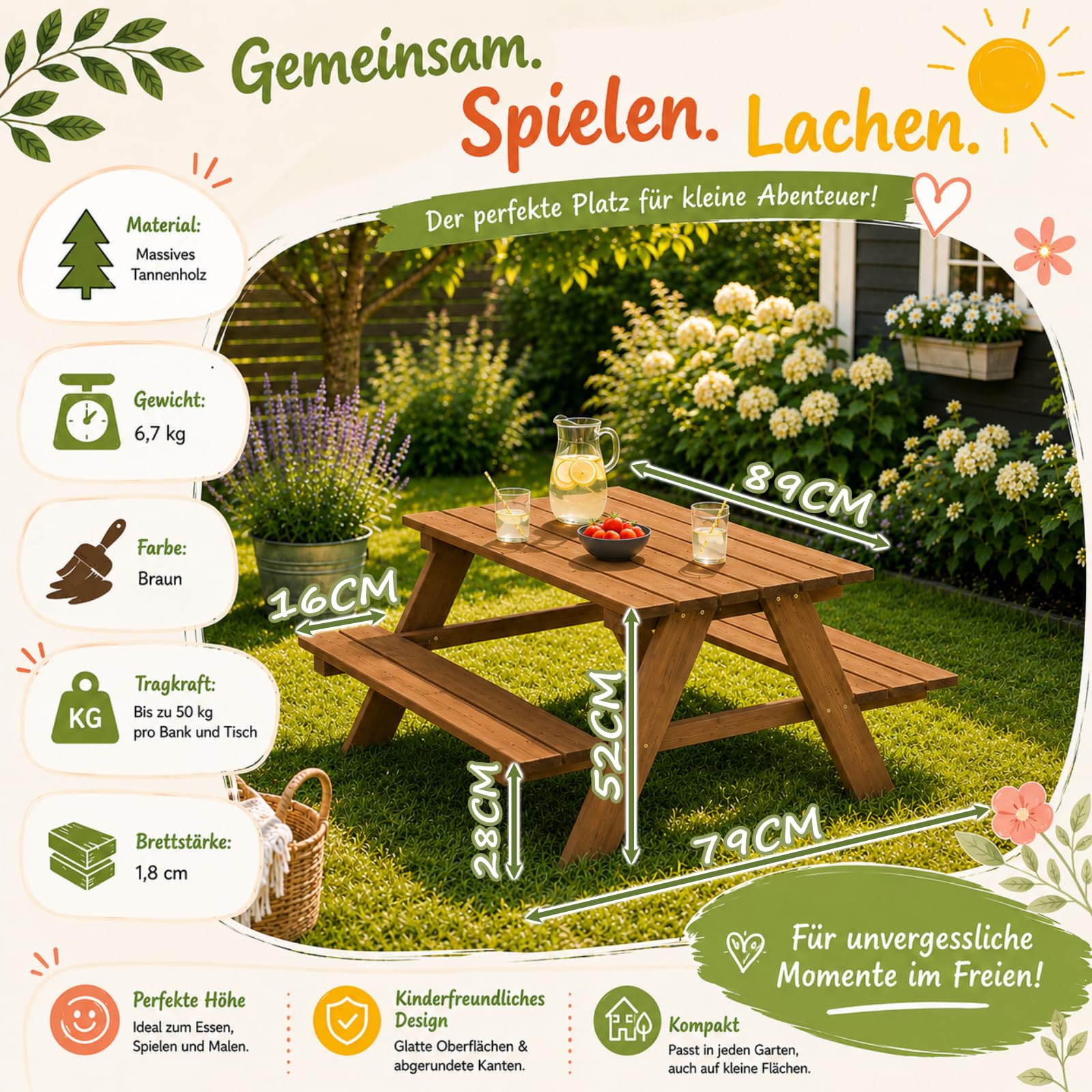 Kindersitzgarnitur | Braun | Kindersitzgruppe | Holz | Kinderbank | Picknickbank | Sitzgarnitur | Kindertisch | Robust | Stabil | Wetterfest | Glatte Oberfläche | Abgerundete Kanten