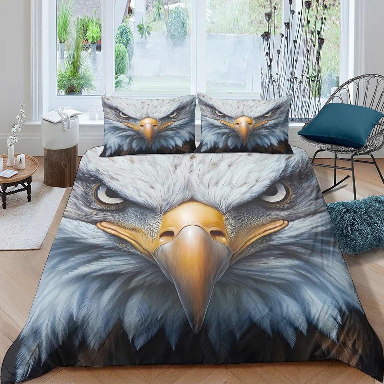 GPLZQXKJNH 3D Printed Eagle Face Duvet Cover Microfiber Soft Breathable Animal Bedding Set with 2 Pillowcases for Bedroom Decor Single（135x200cm）