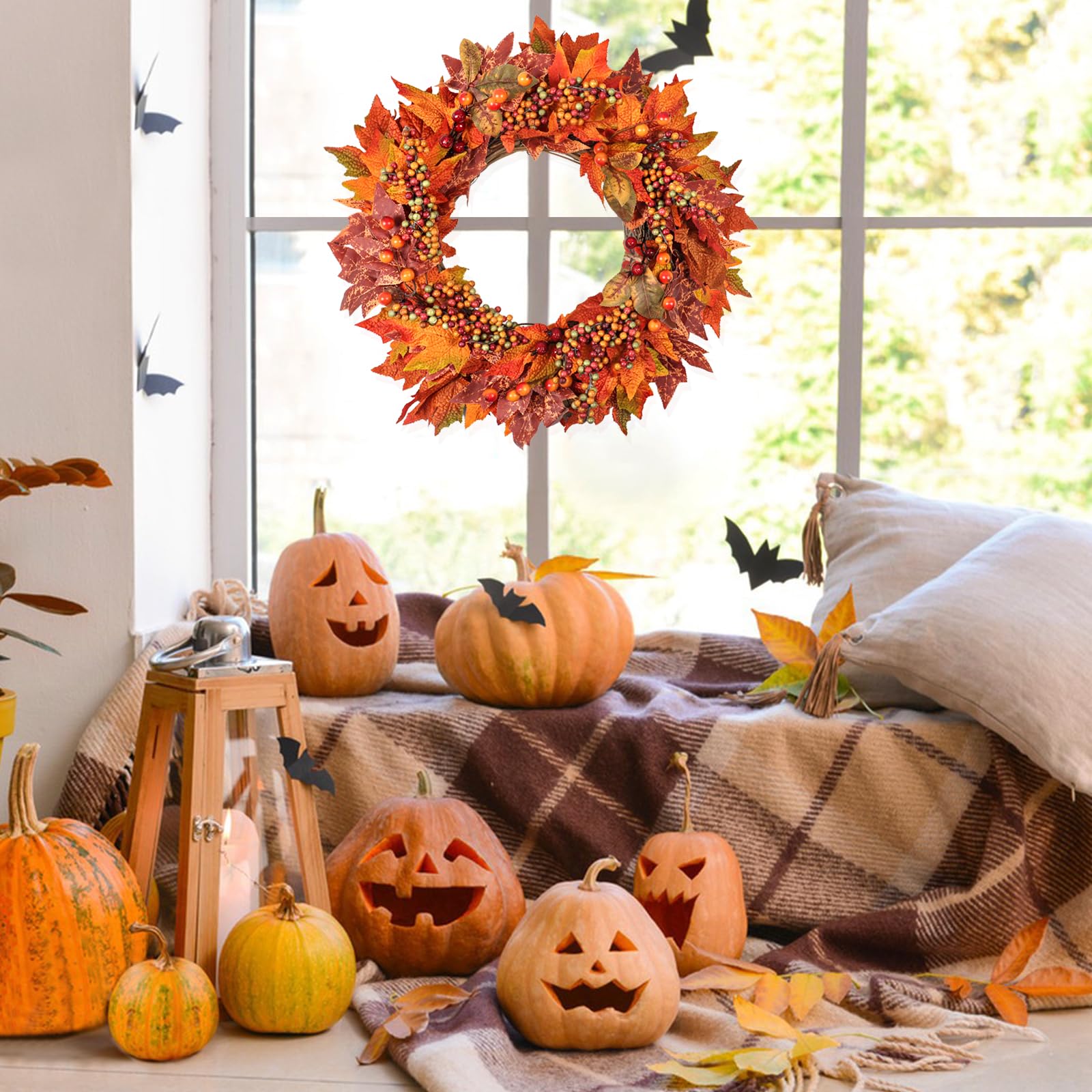 Weldomcor 50cm Groß TüRkranz Herbst, Herbstkranz Haustür mit Beeren Ahornblätter Herbstdeko für Innen Haustür Mantel Outdoor Türen Wand Bauernhof Garten Hochzeiten Parties Festival Dekor(Orange)