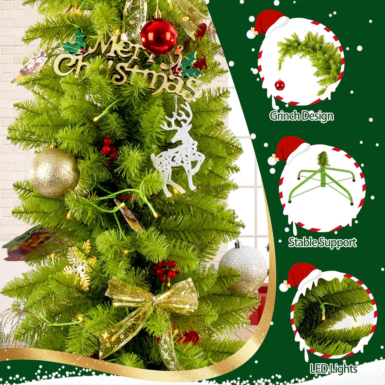 5 FT Christmas Tree - Whimsical Bendable Artificial Tree - Lime Green Design with Red Ball - Christmas Indoor Outdoor Decorations for Xmas Party