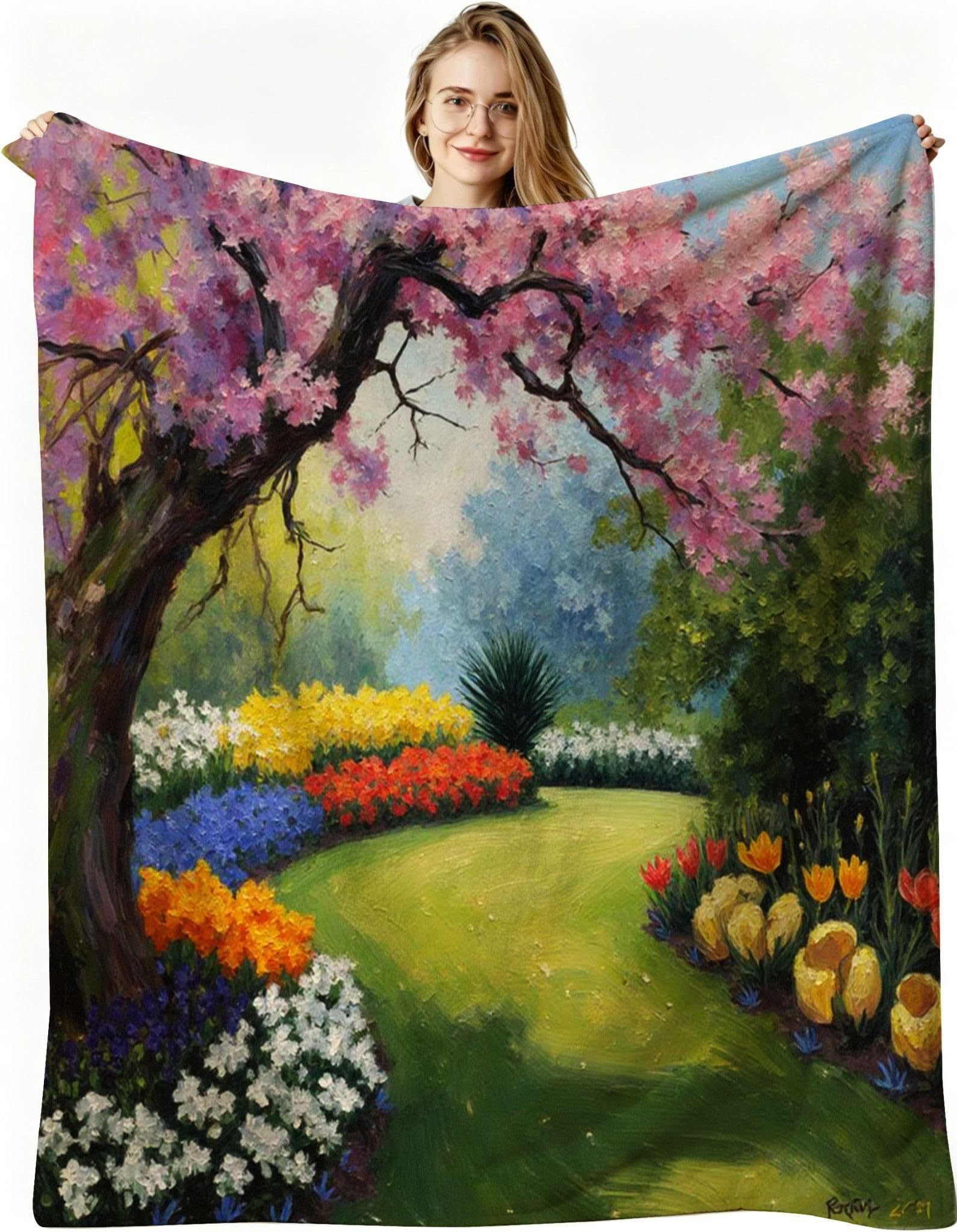 Plaid polaire 220x240 cm fleur verte en flanelle douce pour lit et canapé adulte
